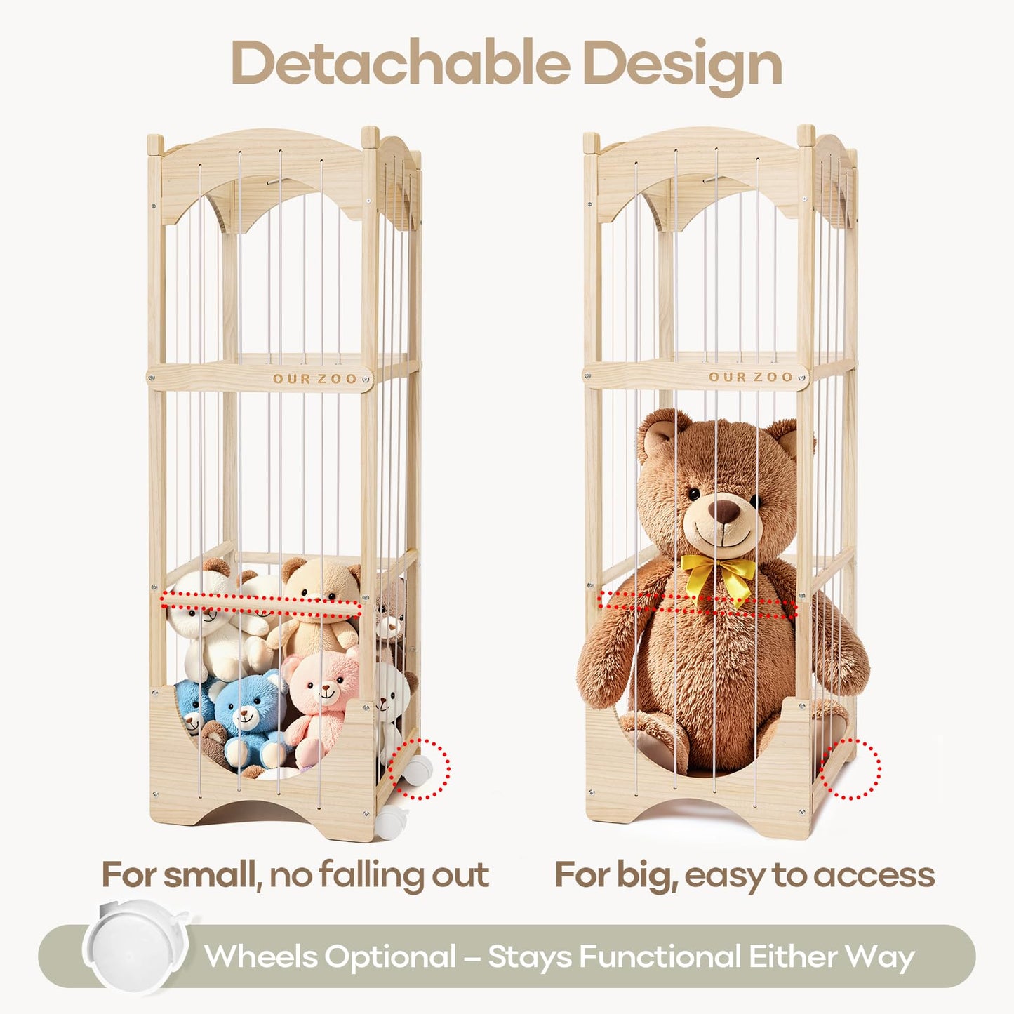 Fodoss Stuffed Animal Storage, Wooden Toy Storage Organizer with Arched Base, Detachable Bars & Lockable Wheels, 16.5" D x 16.5" W x 51.6" H
