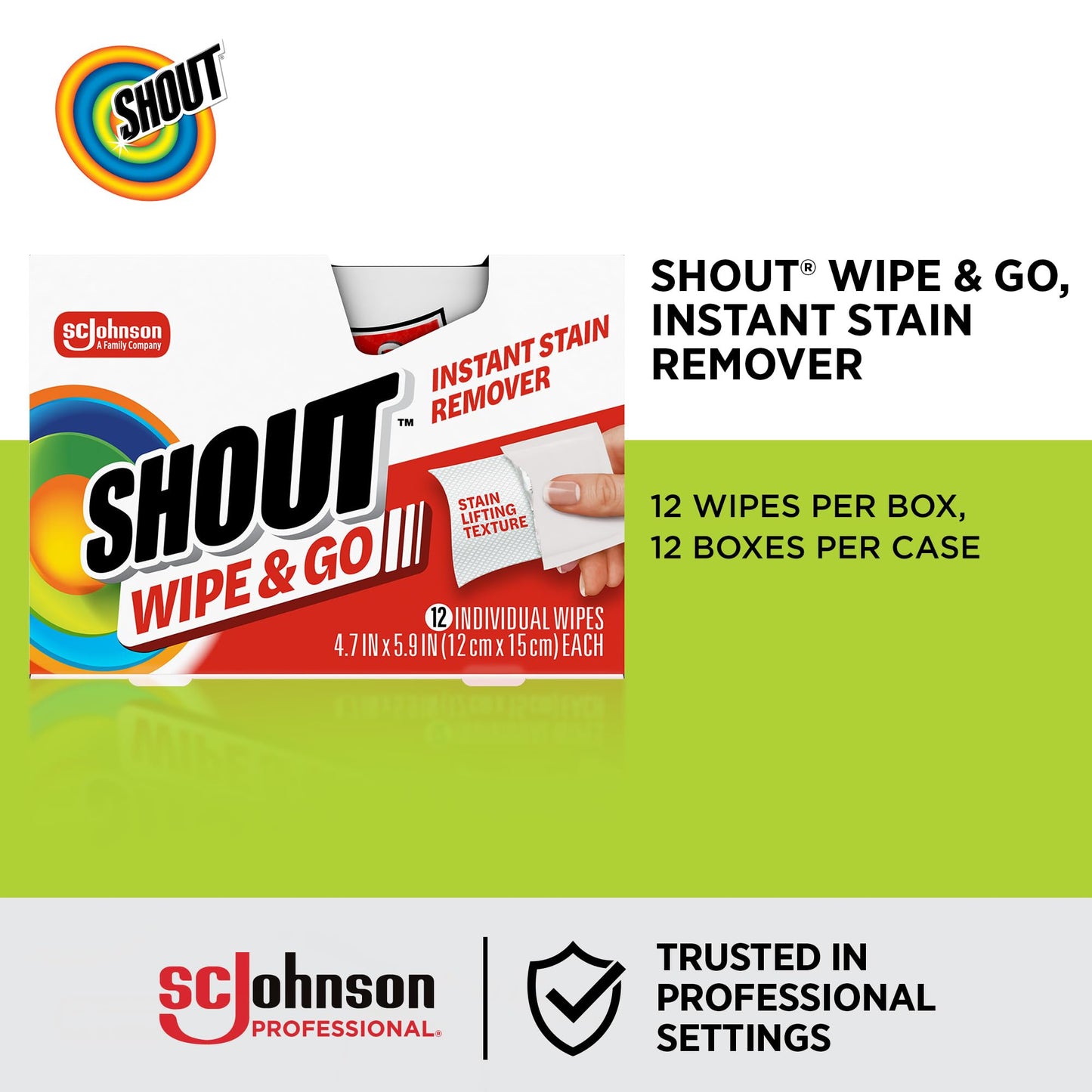 SC Johnson Professional Shout Wipe & Go Instant Stain Remover Wipe, 12 Each, 12 Count, 144 Total Wipes