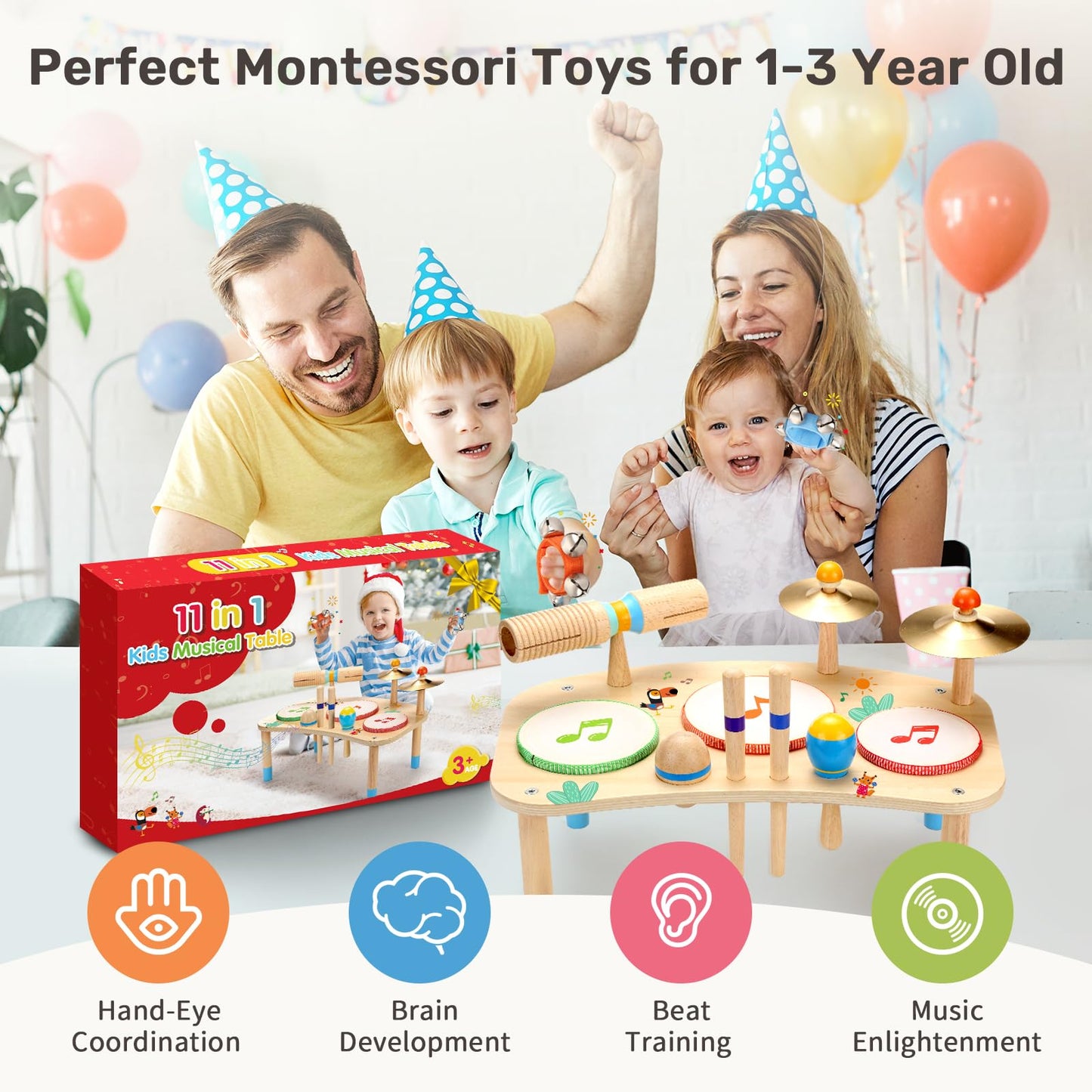 WINGYZ 11-in-1 Kids Drum Set – Montessori Baby Musical Toys & Wooden Musical Instruments for Toddlers 1-3, Music Table with Bongo Drums, Cymbals, Maracas & Wrist Bells for Early Rhythm Play