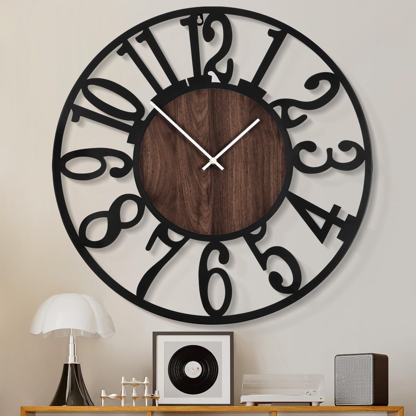 1st owned Large Wall Clock for Living Room Decor- 24" Decorative Antique Silent Non Ticking,Battery Operated,Black Metal,Wood Clocks for Farmhouse,Dining Room,Bedroom,Kitchen - Arabic Numerals
