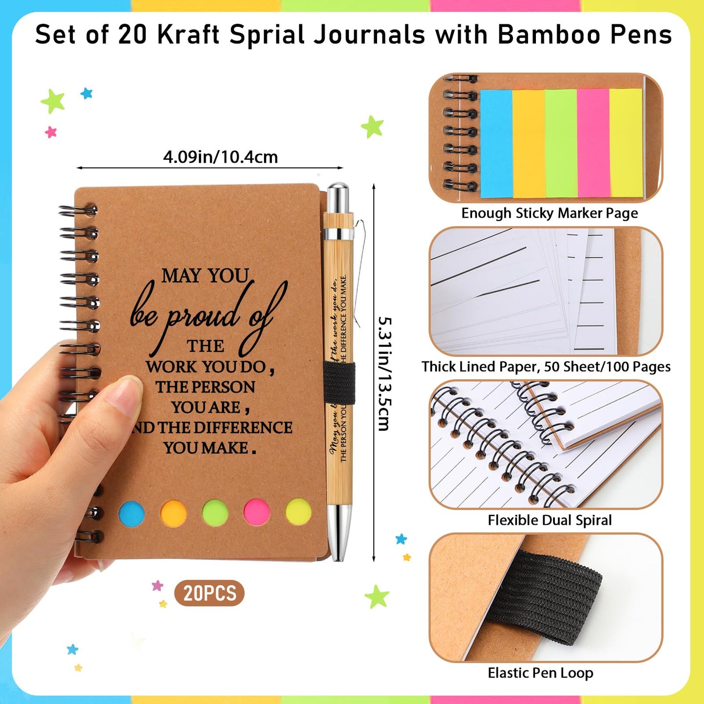 Chuangdi 20 Sets End of Year Teacher Appreciation Gifts Inspirational Spiral Notebook Journal with Sticky Notepad Motivational Pen Bulk Thank You Gifts for Coworker Team Office Supplies (Kraft)