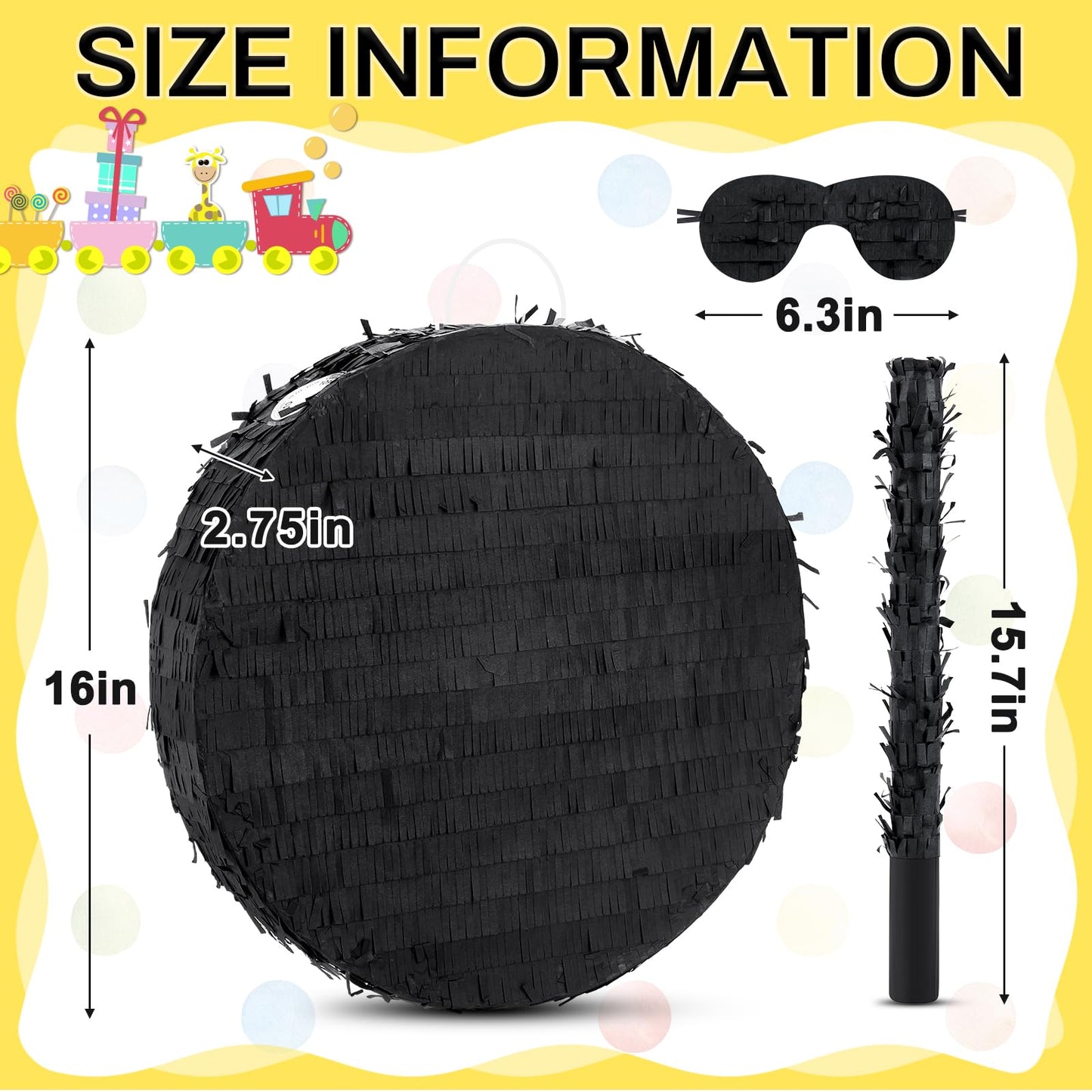 Jenaai 16 Round Blank Piñata with Piñata Stick Bat Blindfold and Confetti for Adults Kids Boys Girls Birthday Carnival Party Supplies to DIY and Create Your Own Piñata(Black)