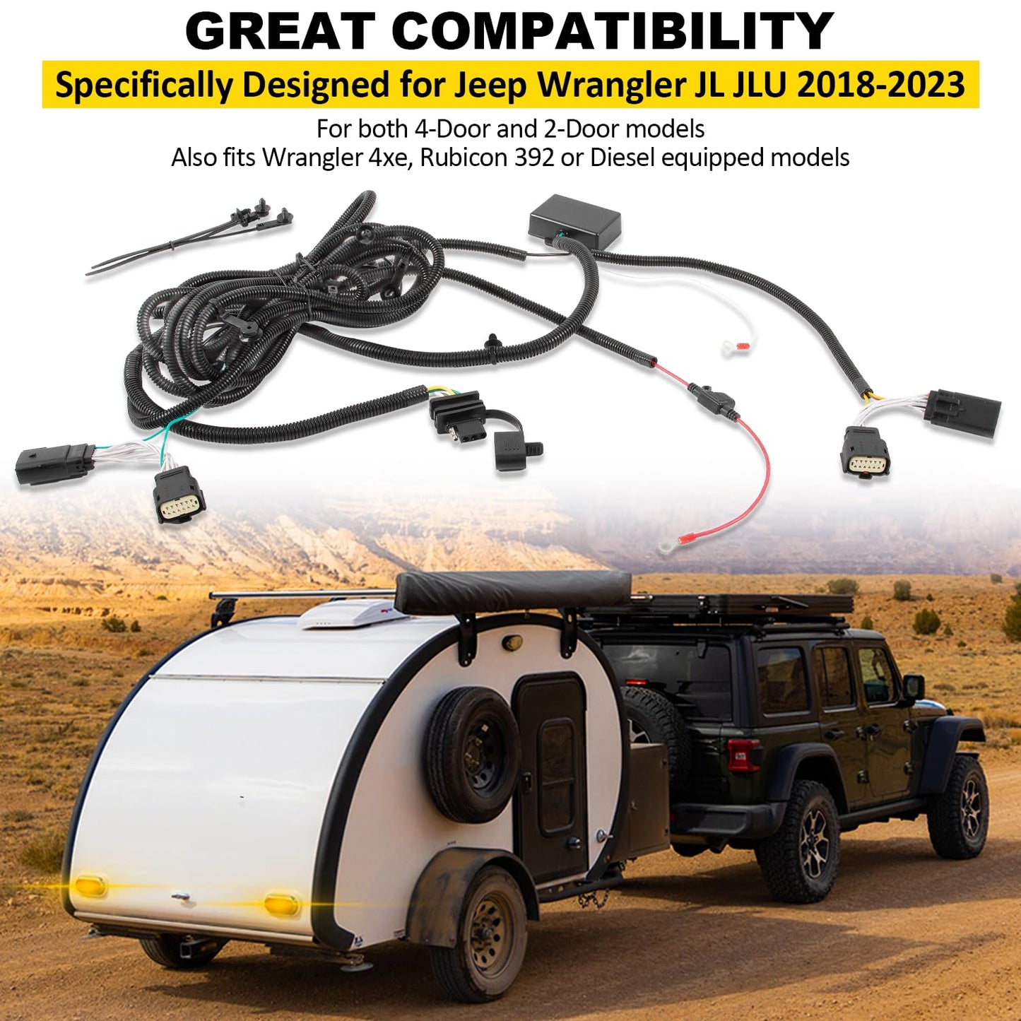 4-Pin Trailer Plug & Play Tow Hitch Wiring Harness fit for Jeep Wrangler Unlimited JL JLU 2018-2024, Custom 4 Way Towing Wire Harness Tube Kit for JL Trailer Light Connect