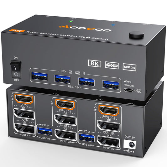 8K@60Hz HDMI2.1 Displayport KVM Switch 3 Monitors 2 Computers 4K@144Hz Triple Monitor KVM Switches with USB 3.0 Port,Wired Remote,Power Adapter and USB3.0 Cables(12cm 2 PC 3 Monitor 8K KVM)