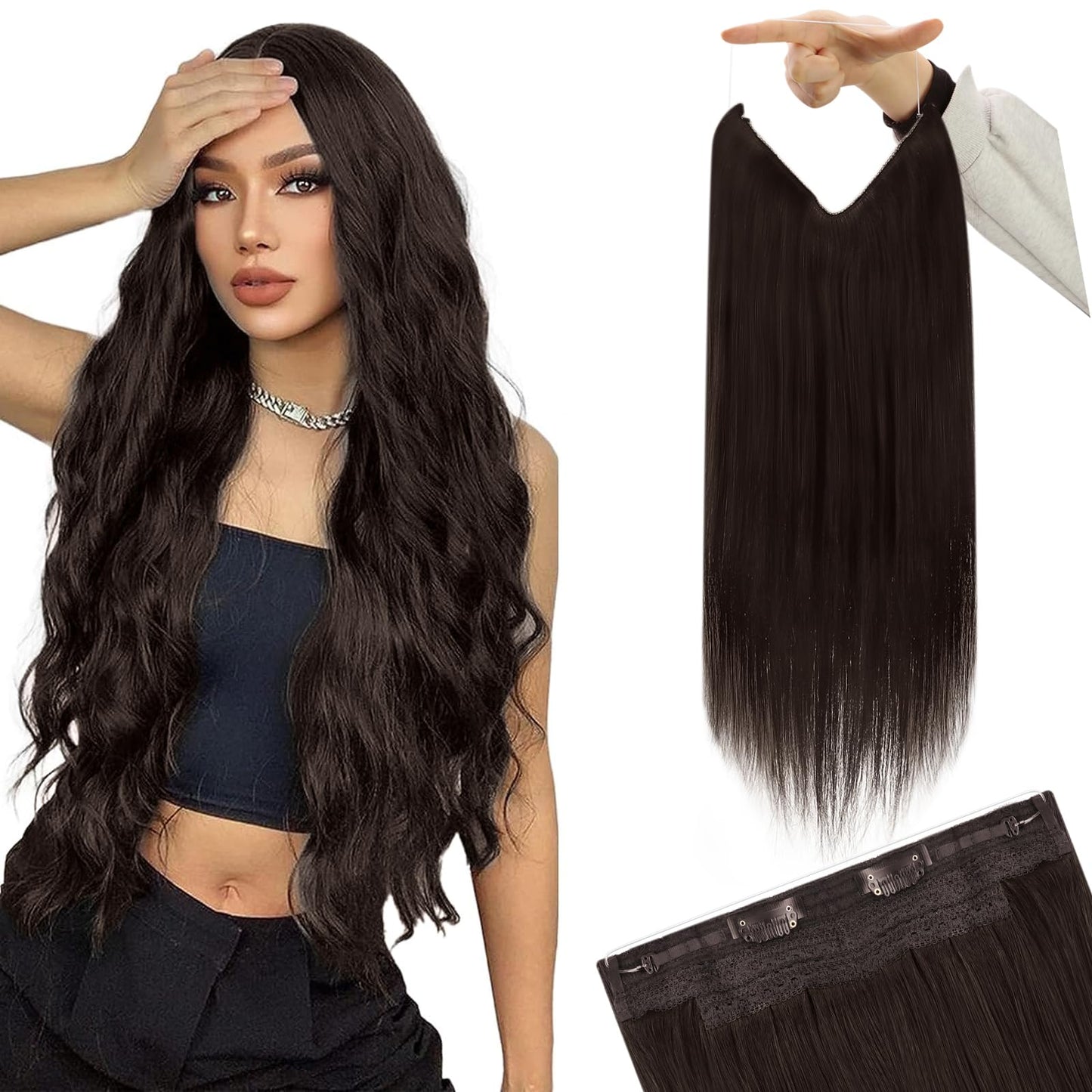 YoungSee Wire Human Hair Extensions Brown Wire Hair Extensions Real Human Hair Brown Wire Hair Extensions Human Hair Darkest Brown Hair Extensions for Women Easy-to-wear Human Hair Extension 100G 20In