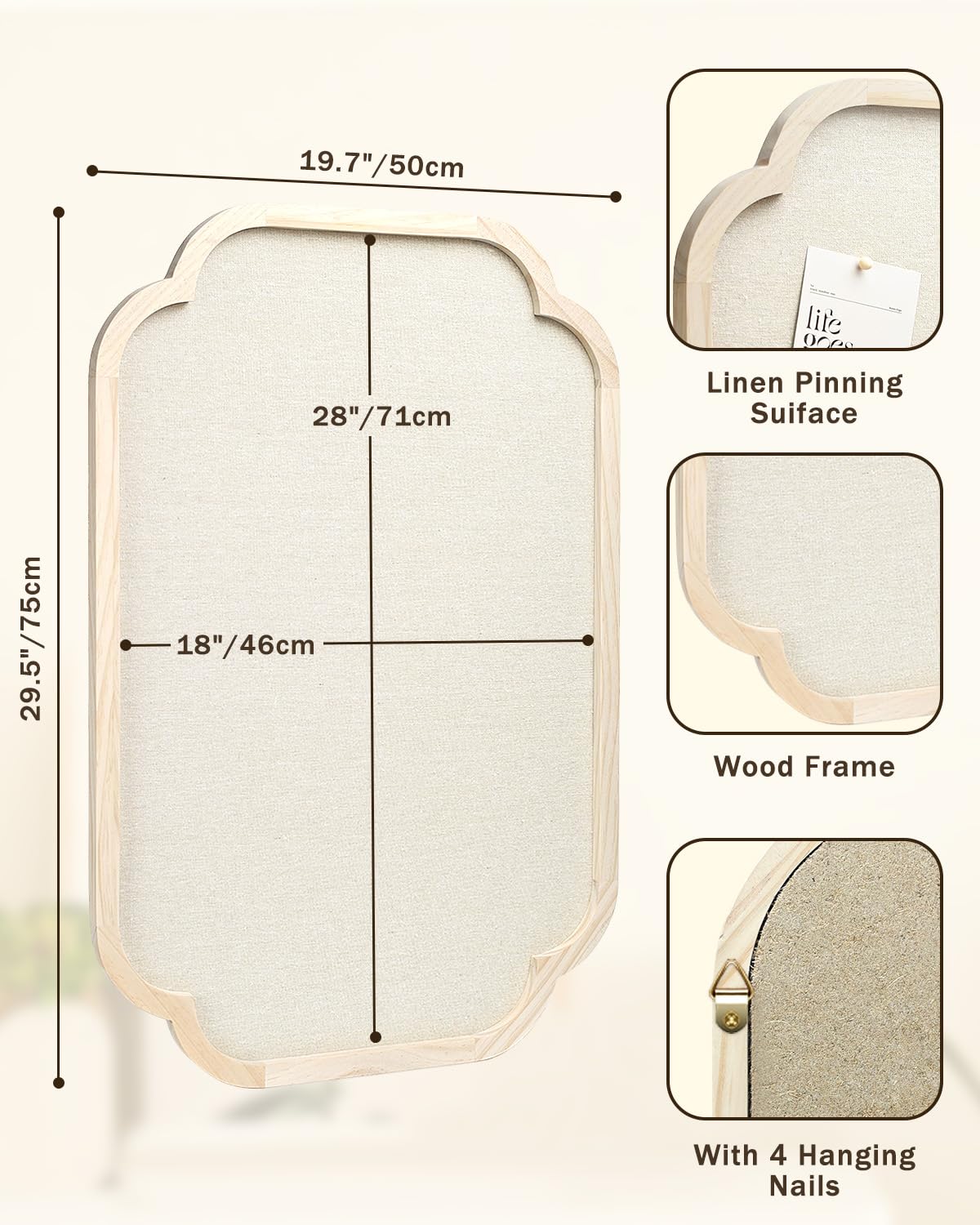 Modern Scalloped Pinboard, 20" x 30" Rustic Fabric Bulletin Board, Natural Wood, Decorative Pin Board for Farmhouse, Home Office & Vision Board Display