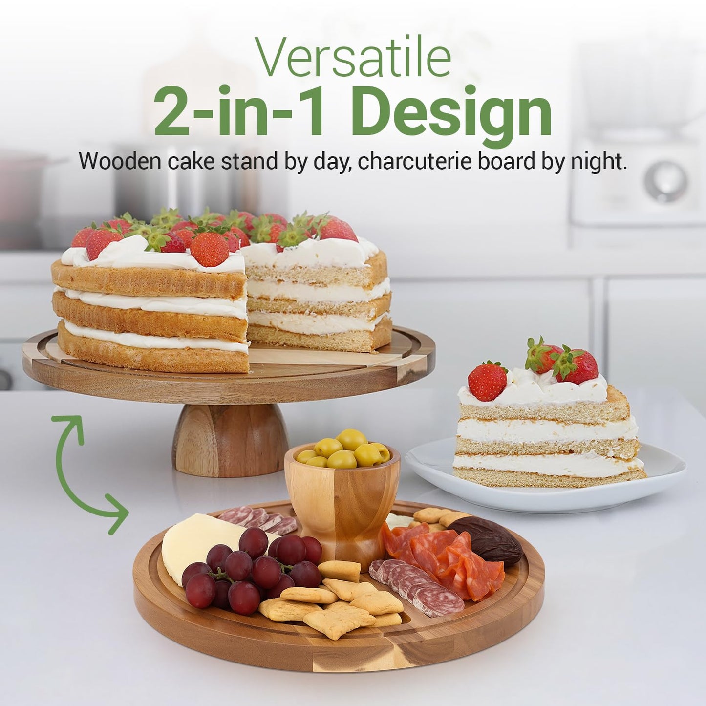 Linda’s Essentials Acacia Wood Cake Stand with Lid (Acrylic) 12 Inch Round Cake Holder Stand with 5 Bonus Cake Sheets, 2-in-1 Wooden Cake Stand with Dome & Charcuterie Board for Cheese, Cake Plate