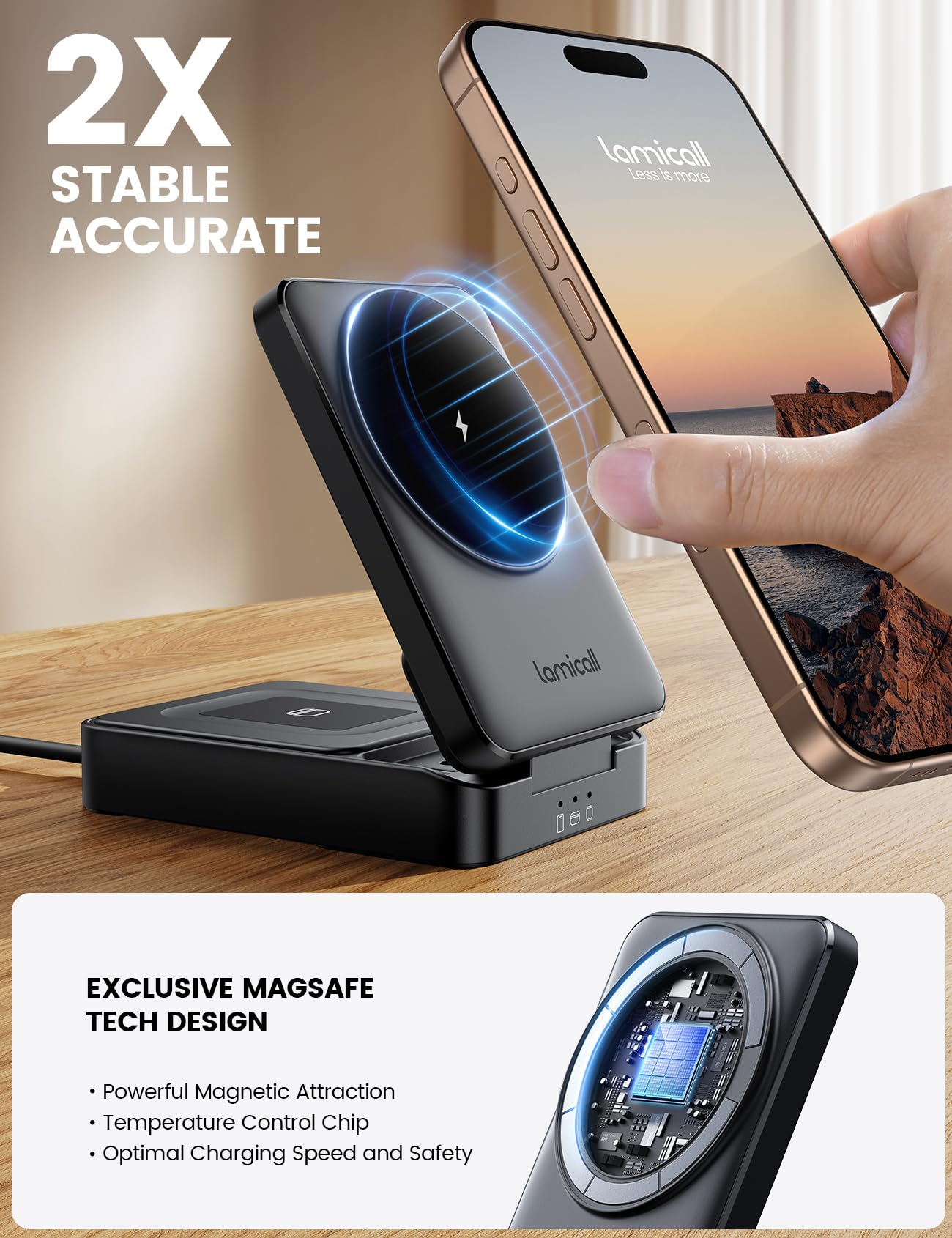 Lamicall 3 in 1 Charging Station for Apple - Foldable Wireless Charger Stand for MagSafe Portable, Travel Wireless Charger Station for Multiple Devices for iPhone 16, 15, 14, 13, Apple Watch, AirPods