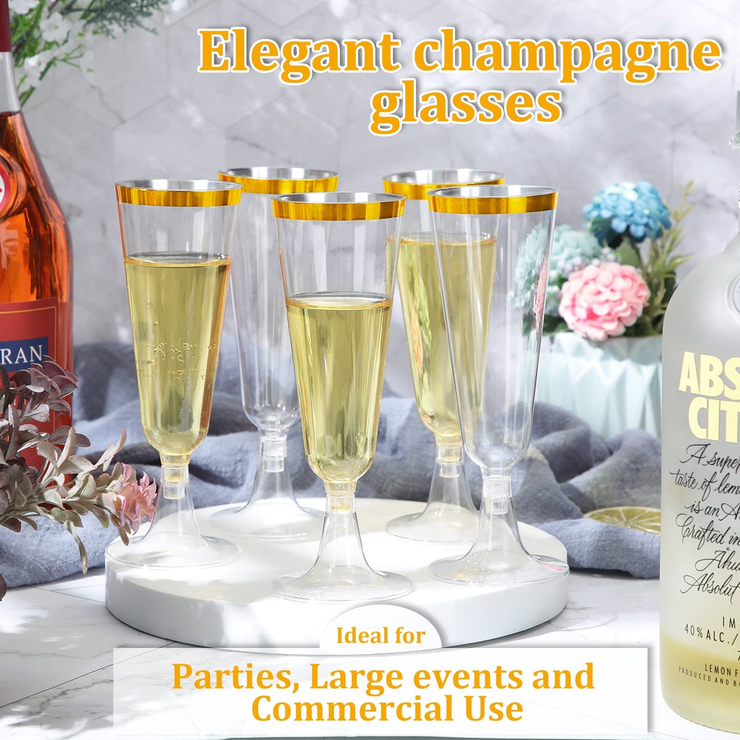 150 Pcs Gold Plastic Champagne Flutes - Clear Disposable Crystal Wine Glasses for Wedding Toasting, Party Cocktail Cups