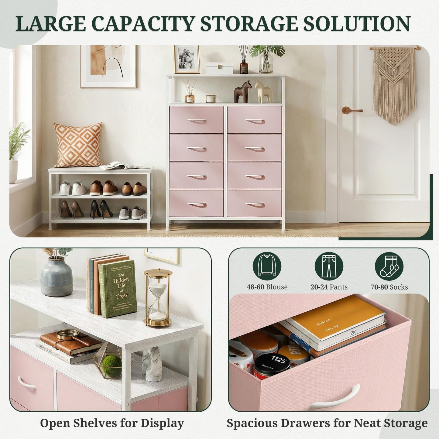 SageNest 8 Drawers Dresser with Open Shelf, 46" Tall Storage Organizer Chest of Drawer with Wooden Top, Sturdy Metal Frame for Bedroom, Hallway, Living Room, Pink