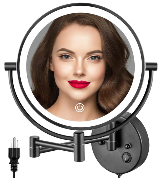 ALHAKIN 9" Wall Mounted Lighted Makeup Mirror, Large Double Sided 1X/10X Magnifying Mirror, 3 Color LED Vanity Mirror with Lights, Touch Dimmable 360° Swivel Light Up for Bathroom, Black