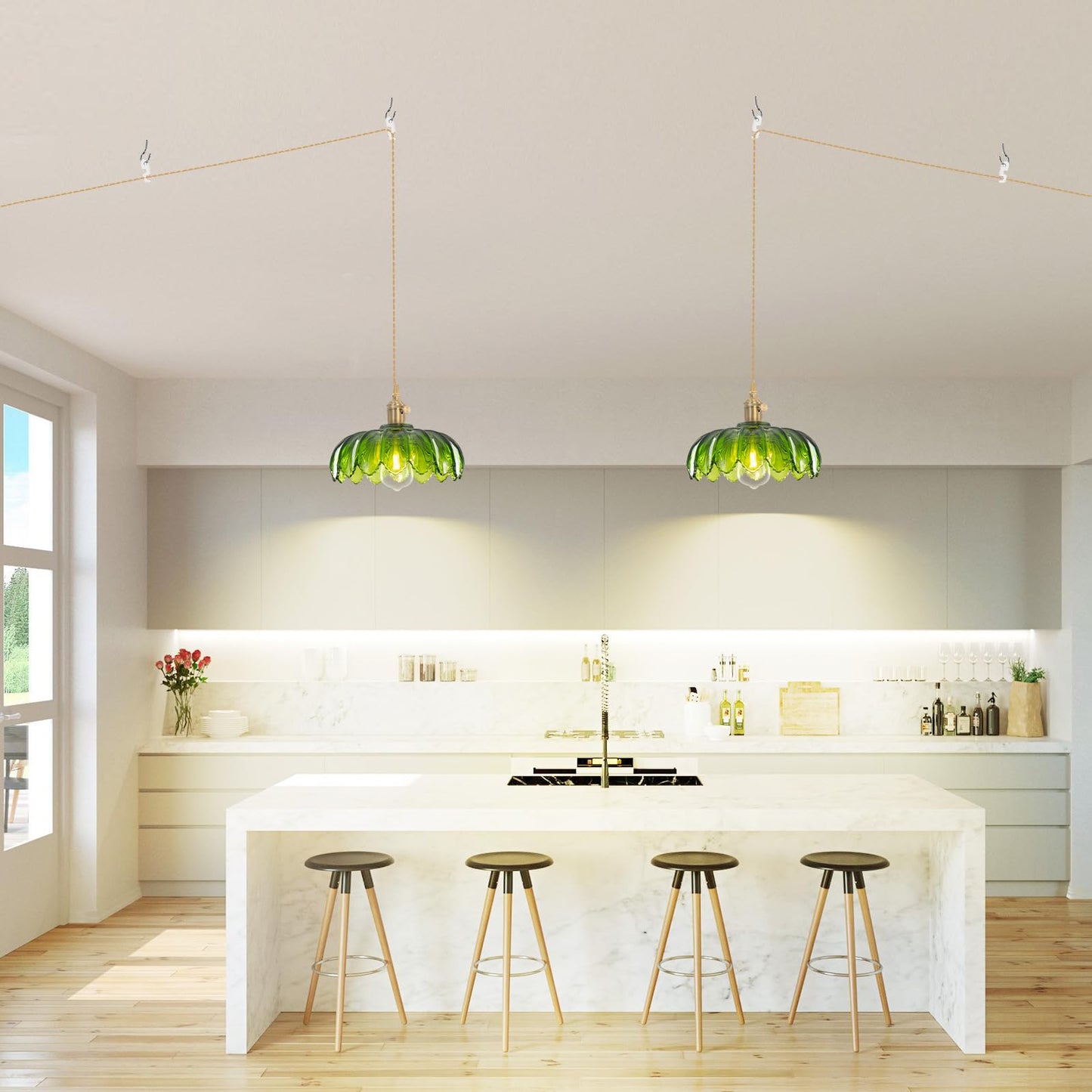 Beser·Win Plug in Pendant Light, Hanging Lights with Plug in Cord, Hanging Light Fixture with Green Glass, E26 Pendant Lighting for Kitchen Island, Bedroom, Dining Room, Living Room