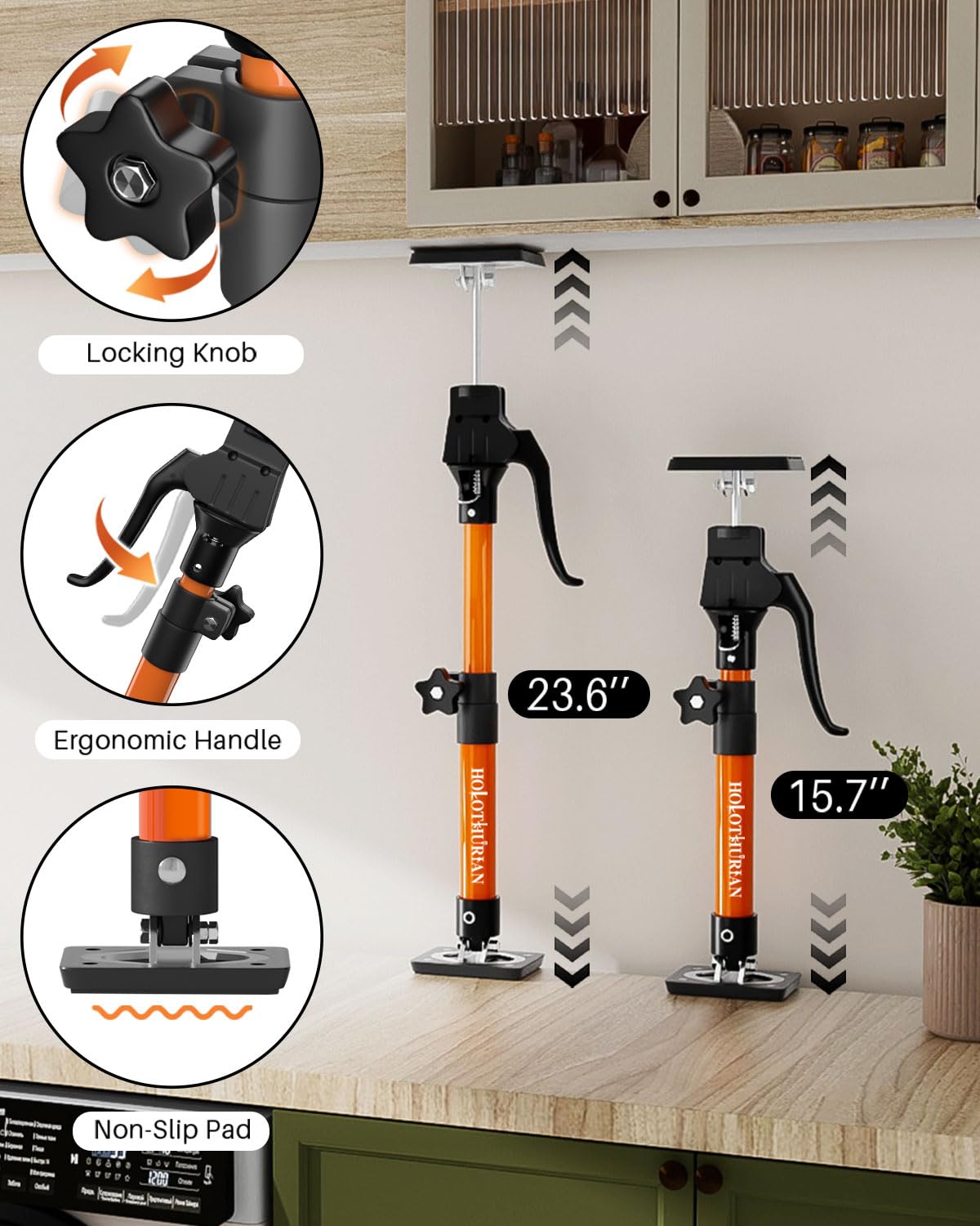 HOLOTHURIAN Cabinet Jack Support Pole, 15.8" - 23.6 inches Third Hand Tools Adjustable Support Pole, 3rd Hand Support System for Upper Cabinet Installation, 200 LB Capacity, 2-Pack