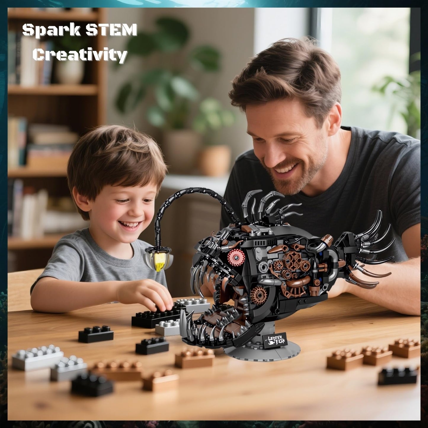 PIVONAX Mechanical Angler Fish Building Block Set - STEM Toys for Boys & Girls 8-14+, Deep Sea Ocean Creature Kit, Home/Office Decor with Light, Great Gift for Kids & Adults(1038+Pieces)