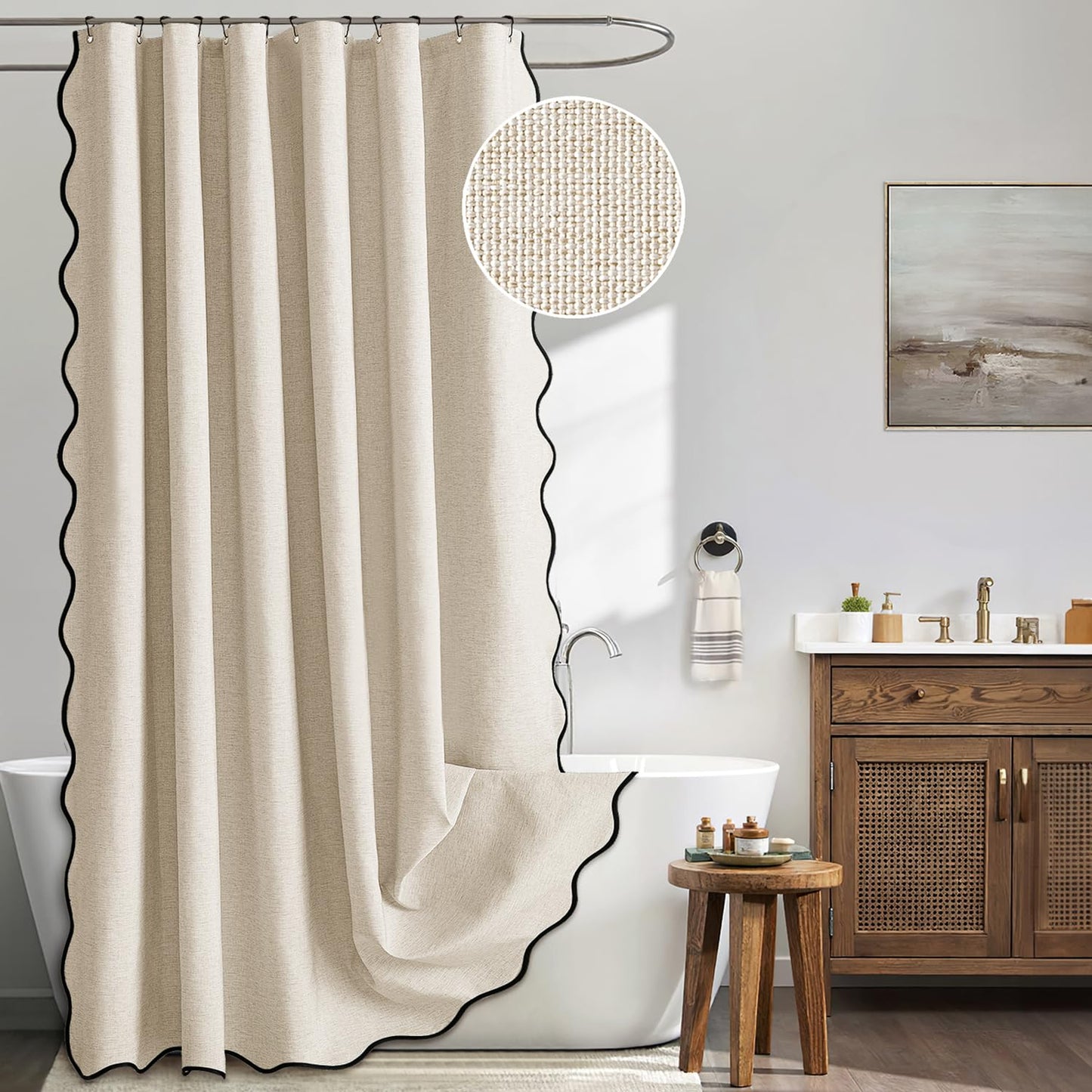 MIULEE 96" Long Scalloped Shower Curtain Linen Textured with 12 Metal Hooks Cute Extra Long Heavy Duty Washable Waterproof Cloth Shower Curtains with Black Border for Bathroom Hotel Bathtub,Beige