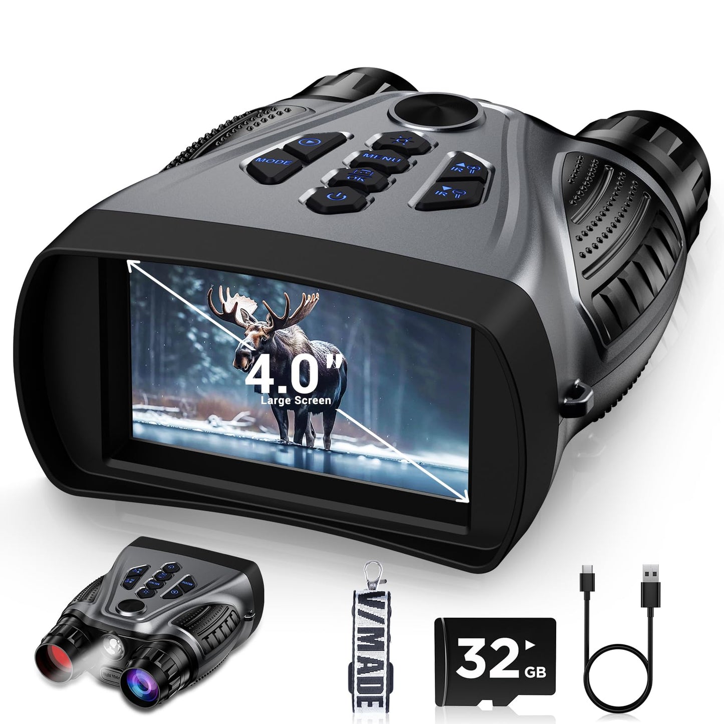 BUSHBINOC Night Vision Goggles, Night Vision Binoculars 4K, 4.0" HD Screen Binoculars, 10X Digital NightVision for Adults, 9 Gear Infrared, 4000mAh Battery Gray with 32GB TF Card