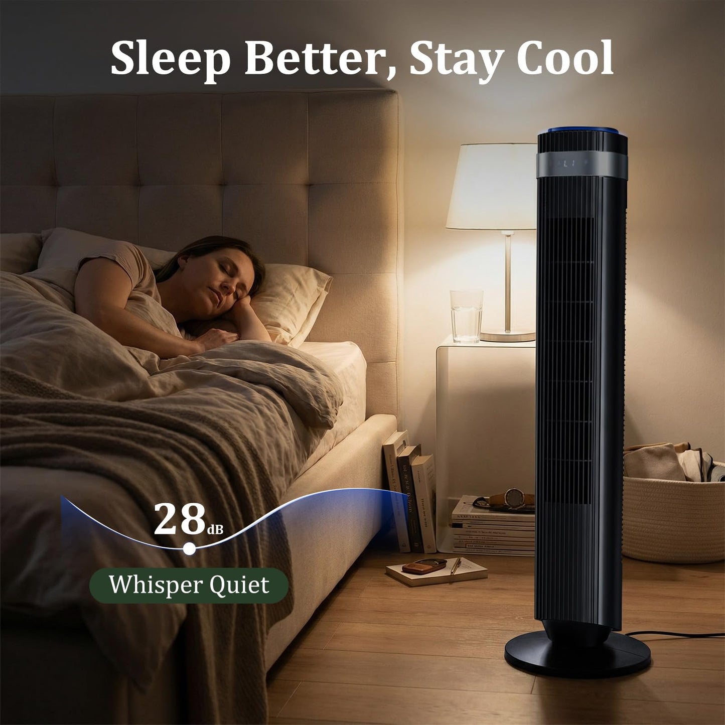 Tower Fan for Bedroom, 28dB Quiet Bladeless Oscillating Standing Fan with Remote, 5 Speeds & 4 Modes, 12H Timer, LED Display, 22.3ft/s High Velocity Cooling Floor Fan for Home, Office (Black)