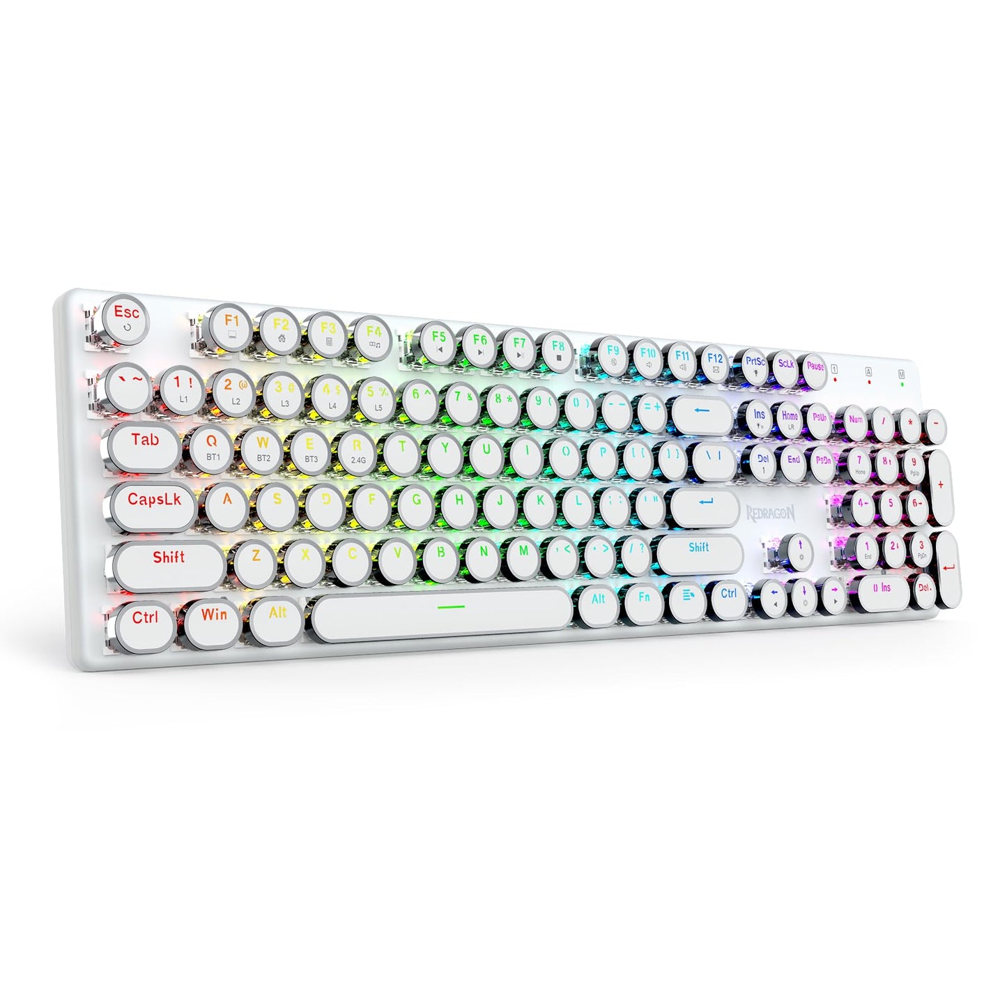 Redragon K710 Wireless Typewriter Mechanical Gaming Keyboard, Bluetooth/2.4Ghz/Wired, RGB Backlit, Blue Switch - Clicky, Rechargeable, Metal Panel, Round Keycaps, White