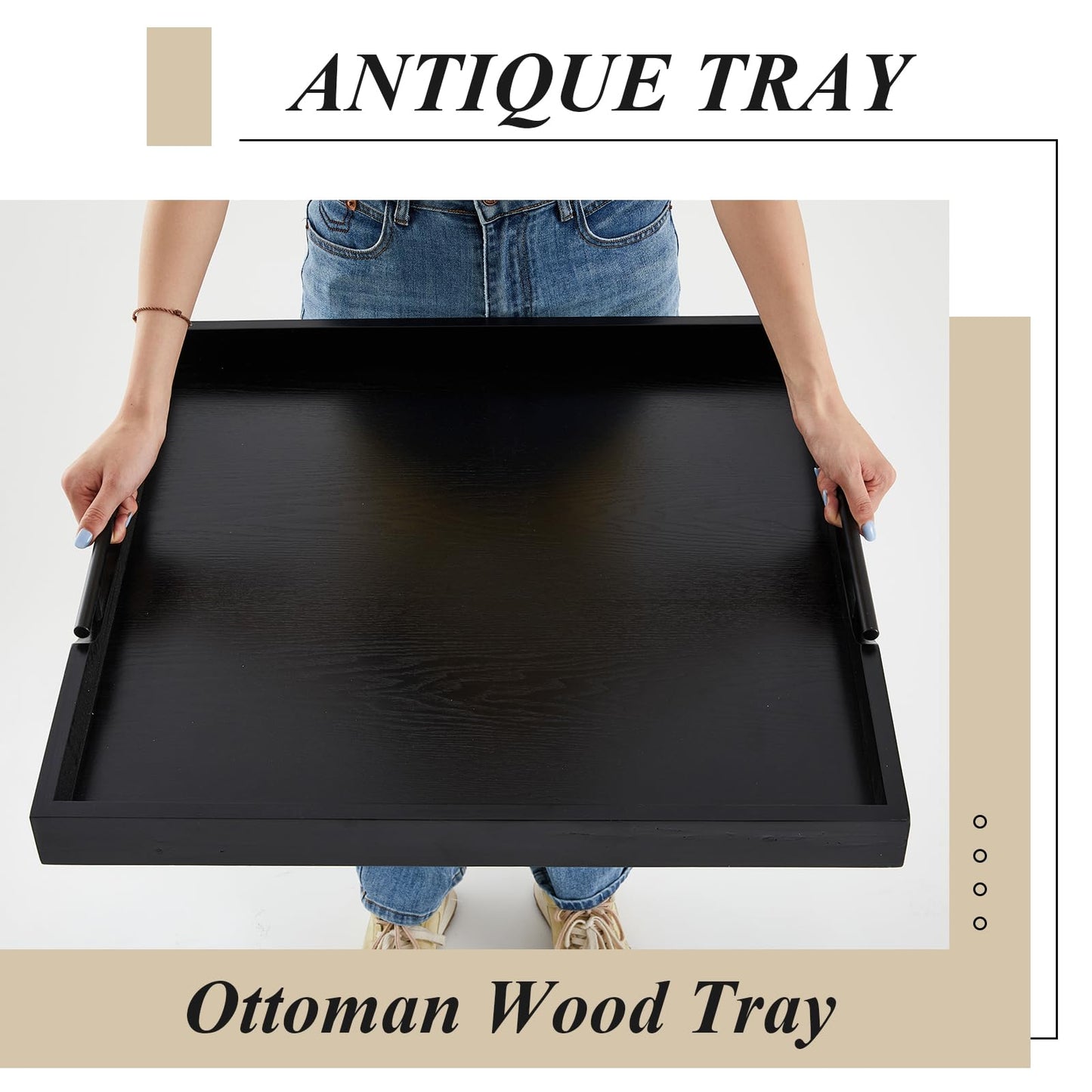 Remagr Large Square Ottoman Tray 24 x 24 x 2 Inch Wood Serving Tray with 4 Coasters and Metal Handles for Food Coffee Tea Table Sofa Living Room Home Housewarming Gift(Black)