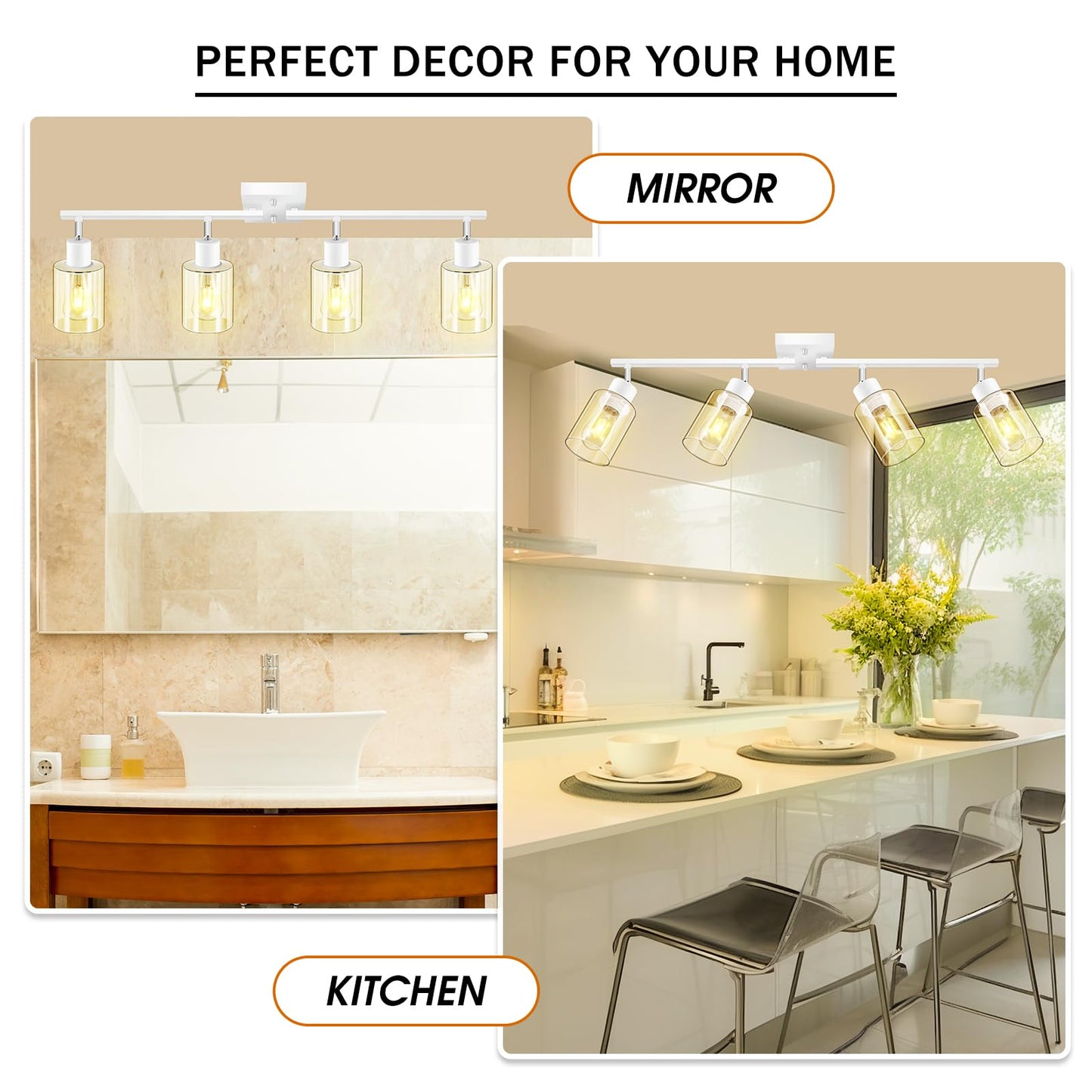 Track Lighting, LED Track Light Fixtures Ceiling Kitchen, 30" 4 Way Ceiling Lights with Clear Glass Shade, Wall Light Fixture with Rotatable Head, White Home Decor for Bathroom Vanity(E26, NO Bulb)