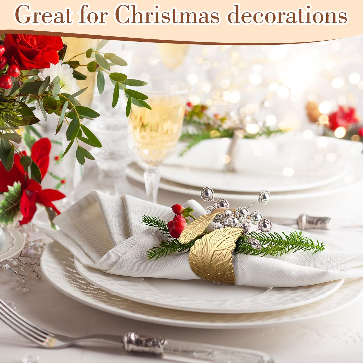 Bokon 100 Pcs Gold Napkin Rings for Wedding Shiny Metal Napkin Holder Study Leaf Shaped Table Decor for Dinner Parties Celebrations Receptions Thanksgiving Easter Christmas