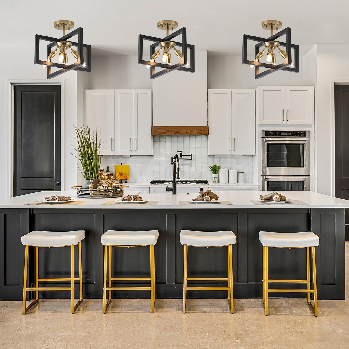 Minyuco Semi-Flush Mount Ceiling Light - Modern Industrial Light Fixture Black and Gold,4-Light Candelabra Lighting Ceiling Lamp for Kitchen Foyer Entryway Hallway Bedroom Closet