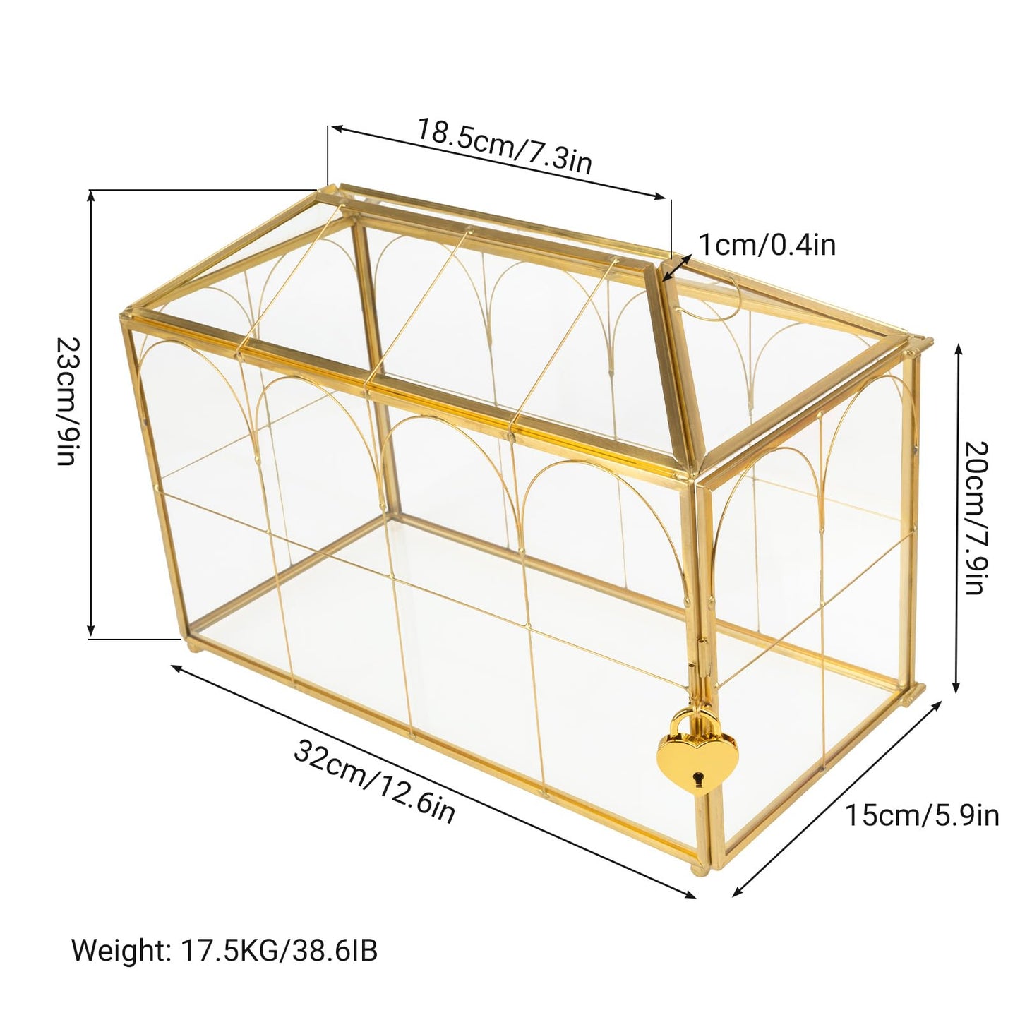 Atzciyr Wedding Glass Cards Box with Slot - 12.6 x 5.9 x 9 inch, Envelope Card for Birthday Party Reception Box, Home Tabletop Decor Clear Gold Terrarium with Lock Glass Terrarium