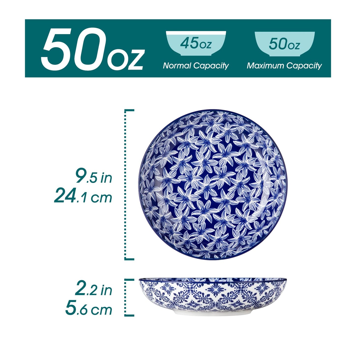 vancasso SELENE 50 oz Large Pasta Bowls Set of 6, Porcelain Serving Bowls, 9.5 Inch Wide Shallow Salad & Soup Bowls, Kitchen Pasta Plates, Microwave and Dishwasher Safe, Blue White Floral Design
