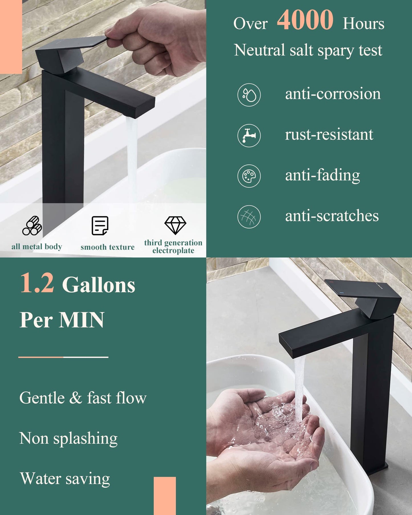 KUZOR 1PC Vessel Sink Faucet 304 Stainless Steel, Tall Bathroom Faucet 1 Hole 5-Minutes Installation - for Bathroom/Vanity/Bowl Sink - 12.5 Inch Height, 37.8 Oz Weight - Matte Black