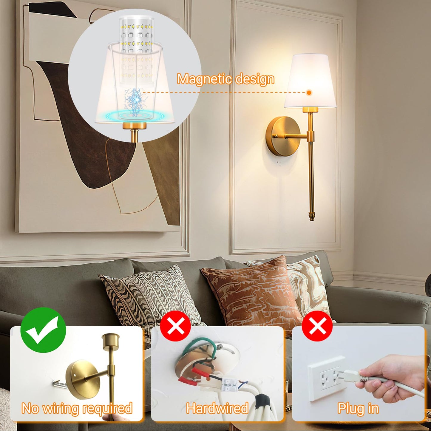 Battery Operated Wall Sconces Set Of 2, Wireless Battery Wall Light With 10000mAh RGB Rechargeable Magnetic Bulb, Rechargeable Wall Sconce With Remote Control For Bedroom, No Electrician Required
