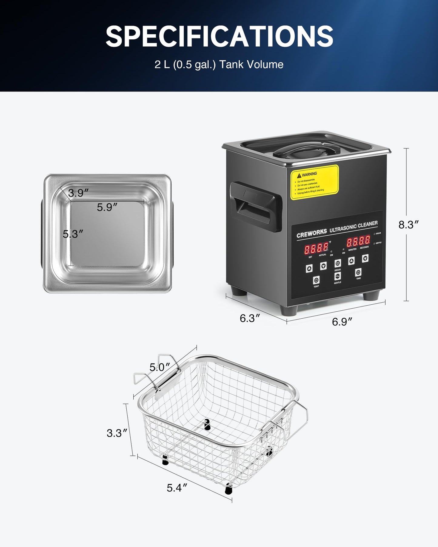 CREWORKS 2L Digital Ultrasonic Cleaning Machine with Degas and Gentle Mode, 60W Ultrasonic Cleaner Machine with Heater and Timer, 0.5 gal Ultrasound Cleaner for Retainer Watch Denture Glasses More