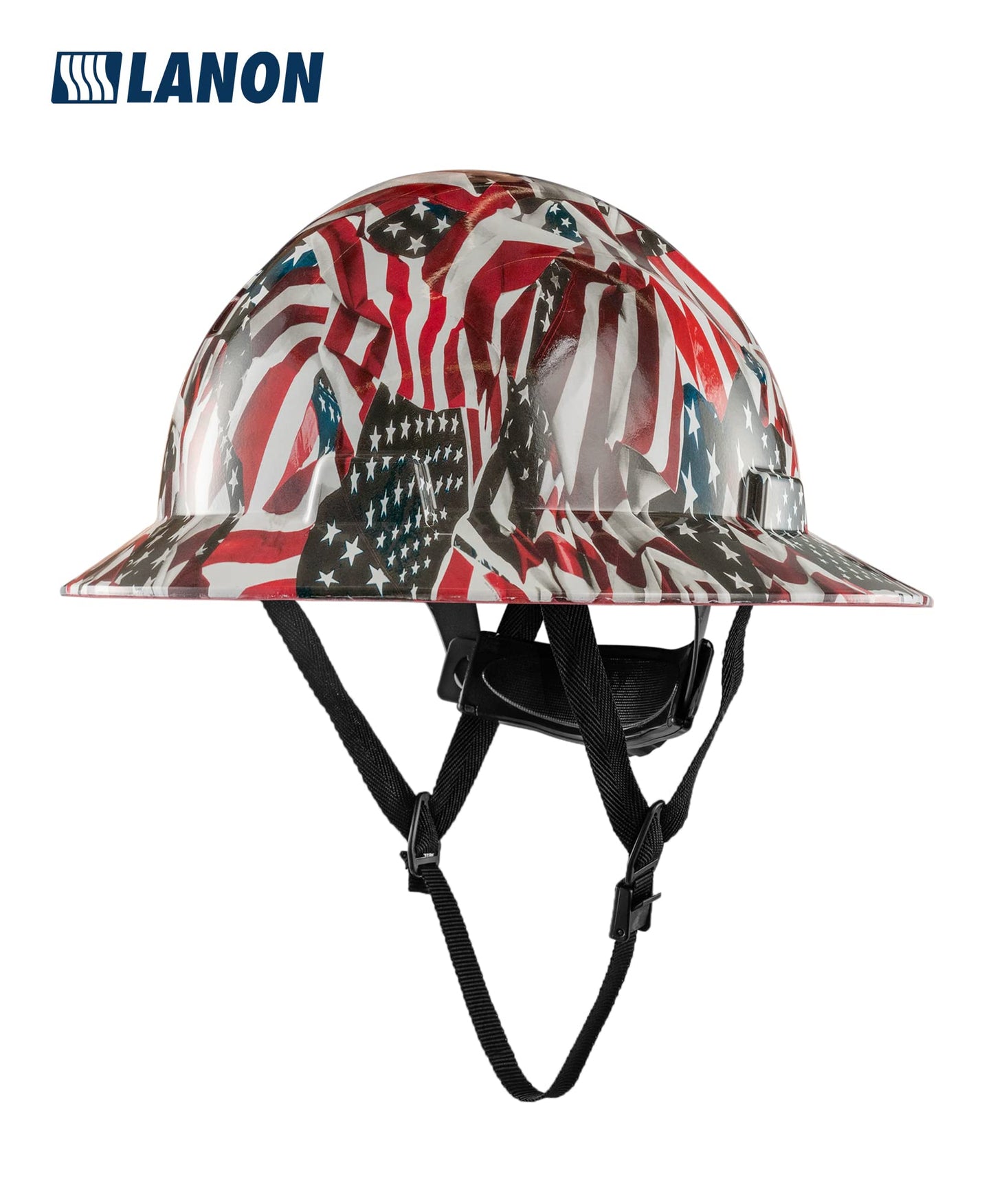 LANON Full Brim Hard Hat, OSHA Construction Work Approved, Premium American Flag Design, FRP Safety Helmet with 4 Point Adjustable Ratchet Suspension, Class C