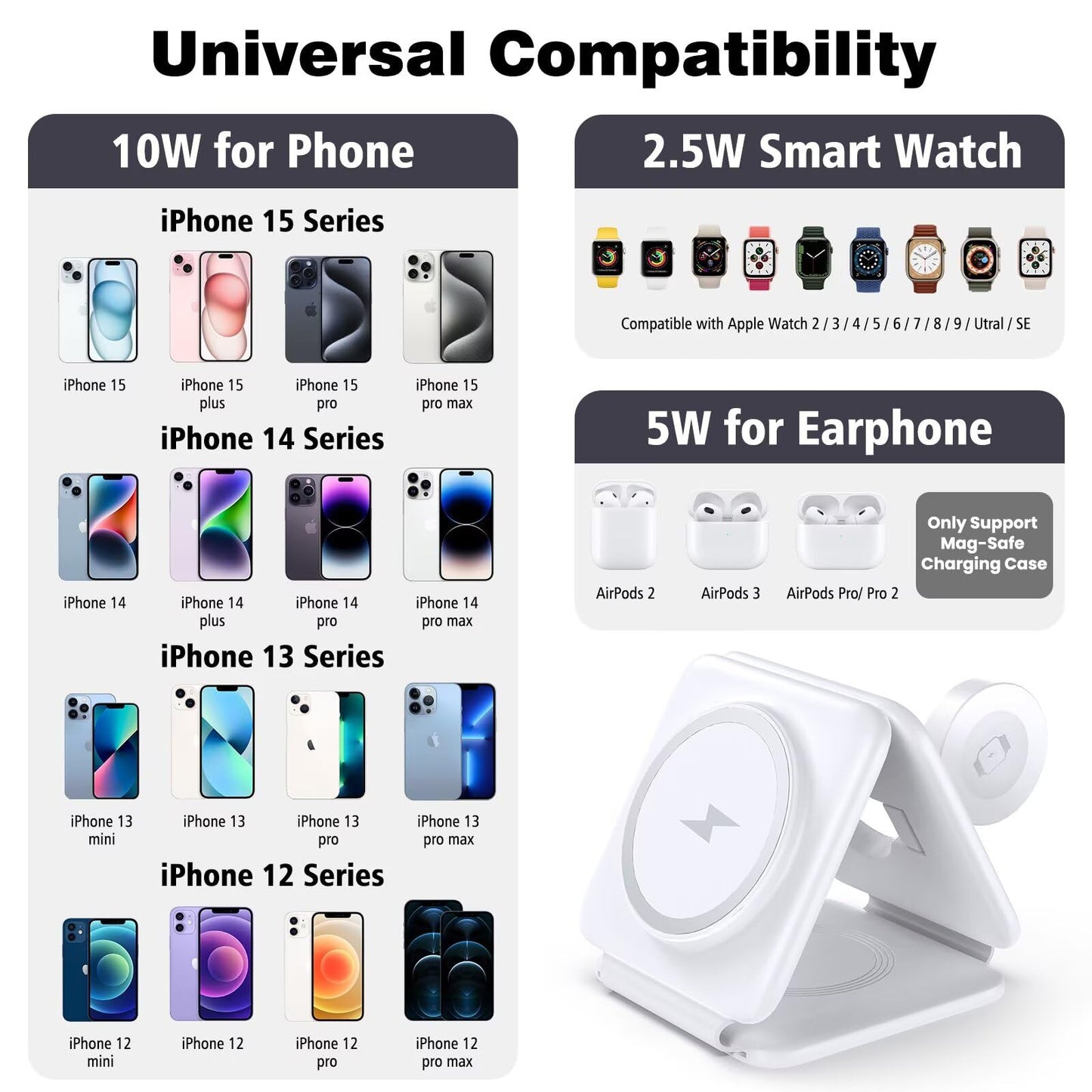 Charging Station for Apple Multiple Devices - 3 in 1 Foldable Magnetic Wireless Charger Dock - Travel Charging Pad for iPhone 16 15 14 13 12 Pro Max Plus Watch & Airpods