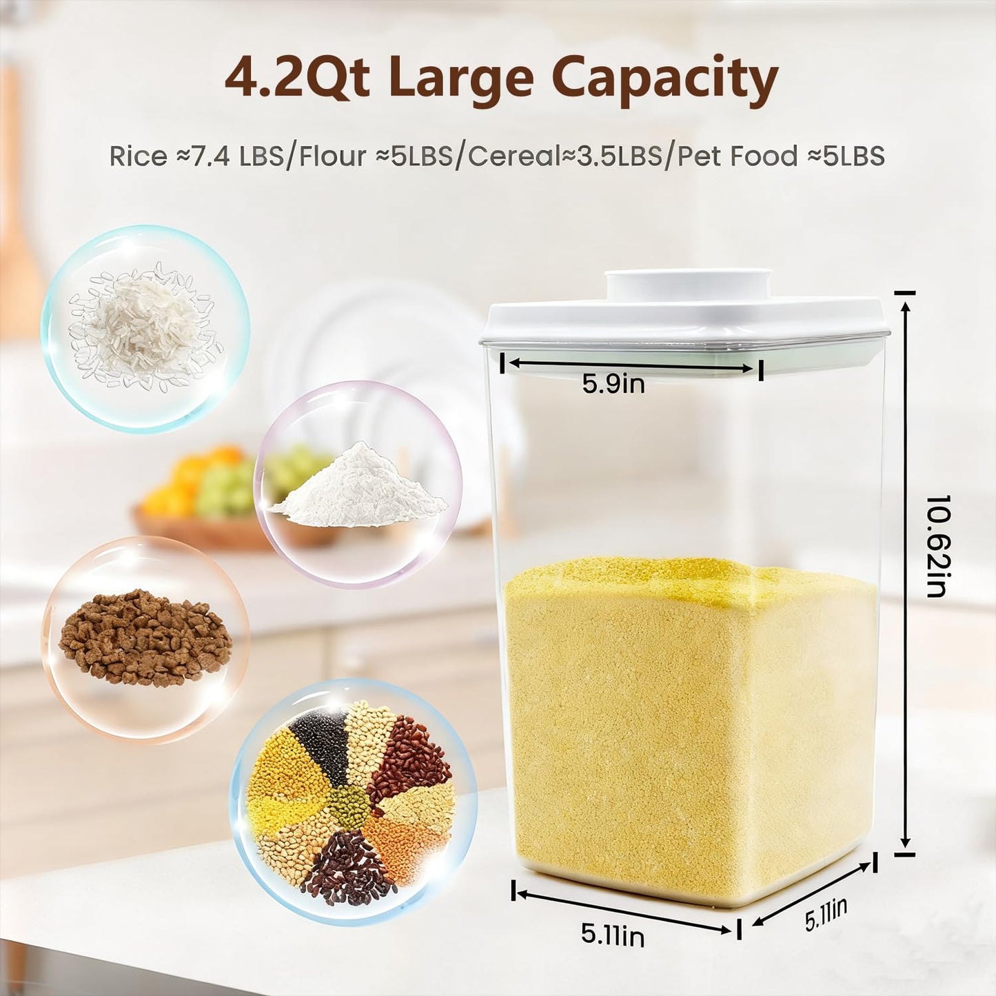 Hontent Large Pop Airtight Food Storage Containers Set with Lids 4.2Qt/4L Food Containers with Scoop, Kitchen Pantry Organization and Storage, BPA Free Stackable Cereal Container (4 * 4.2Qt)