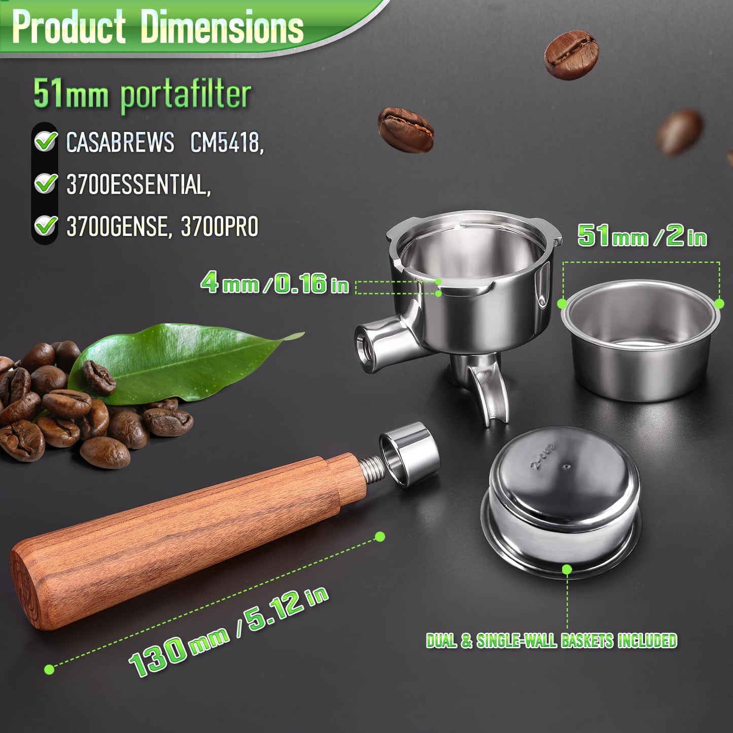 51mm Portafilter for CASABREWS 3700/CM5418, Dual Spout Espresso Handle with Siam Rosewood Grip & 304 Stainless Steel Basket