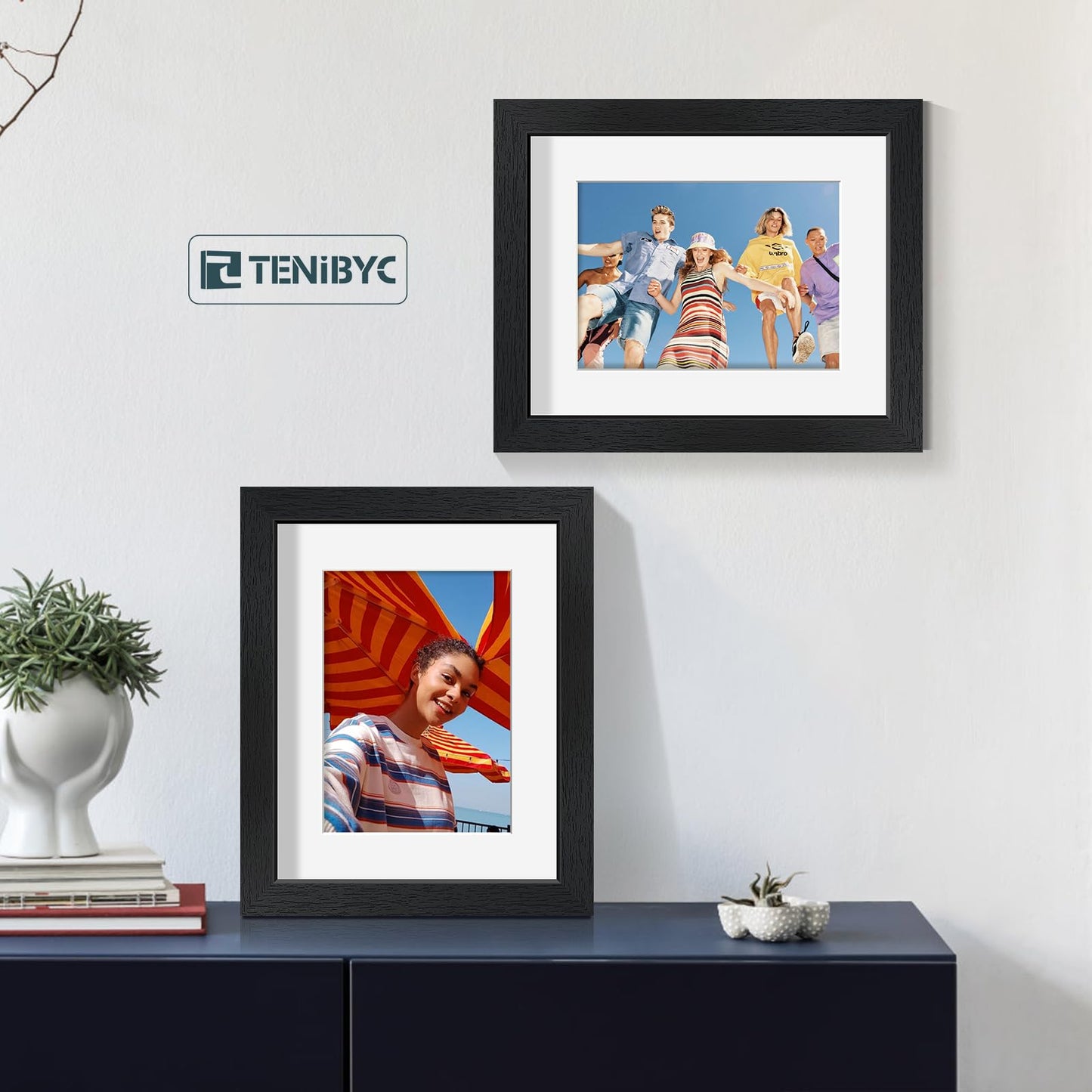 TENIBYC 8x10 Picture Frame Set - 4 Pack, Black Wood Photo Frames - Tempered Glass - Displays Photos 5x7 with Mat or 8 x 10 without - Room, Office, Gallery, Studio, and Hallway Decor - Wall Hanging