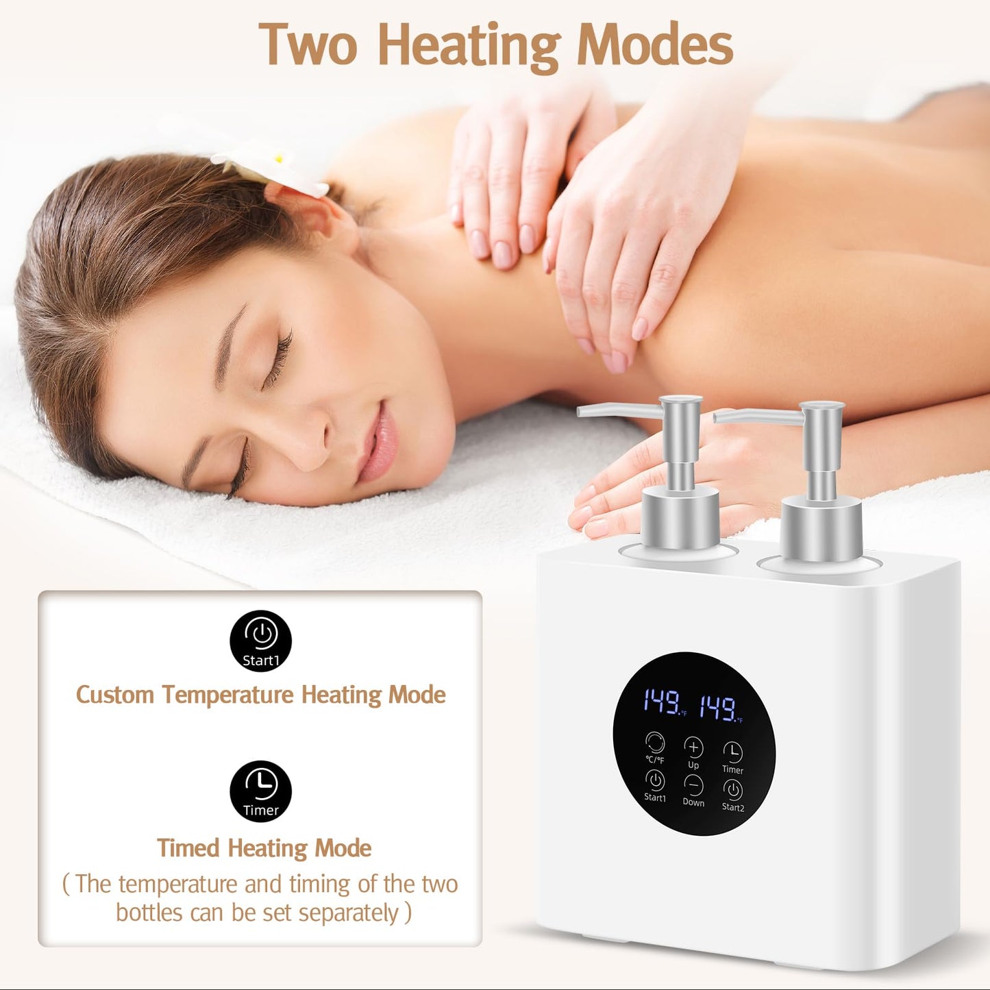 Meifuly Massage Oil Lotion Warmer Double Bottles for SPA Massage Therapy & Personal Use, Fast Oil Cream Lotion Warmer Heats Up, with 4 Oil Bottles Dispenser, Adjustable Constant Temperature