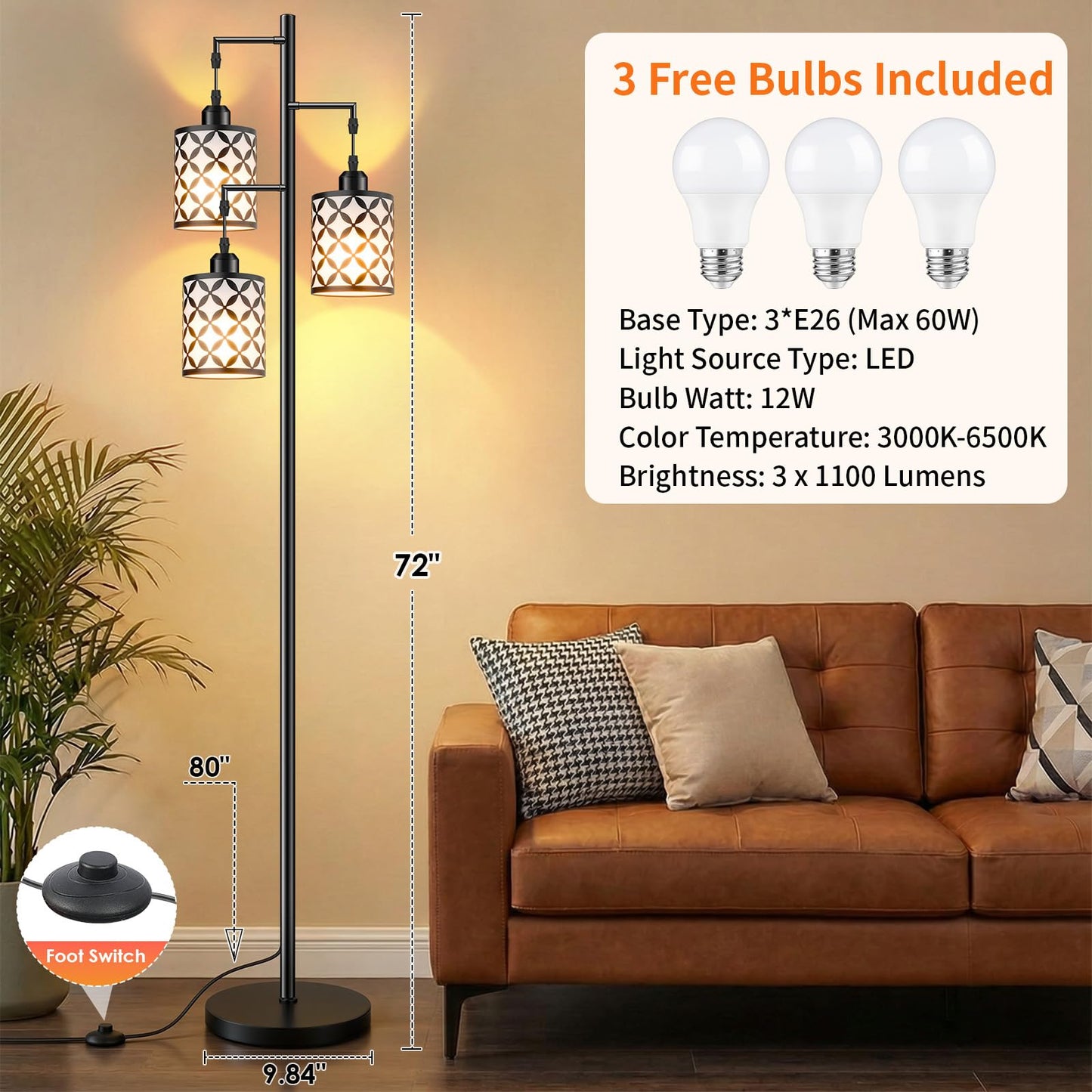 GHOOCEMLUX Dimmable Floor Lamp, Farmhouse Standing Lamp with Elegant Metal Cage, Industrial Tall Tree Floor Lamps for Living Room, Bedroom, Study Room, Office, 3 x 800LM LED Bulbs Included, 72", Black