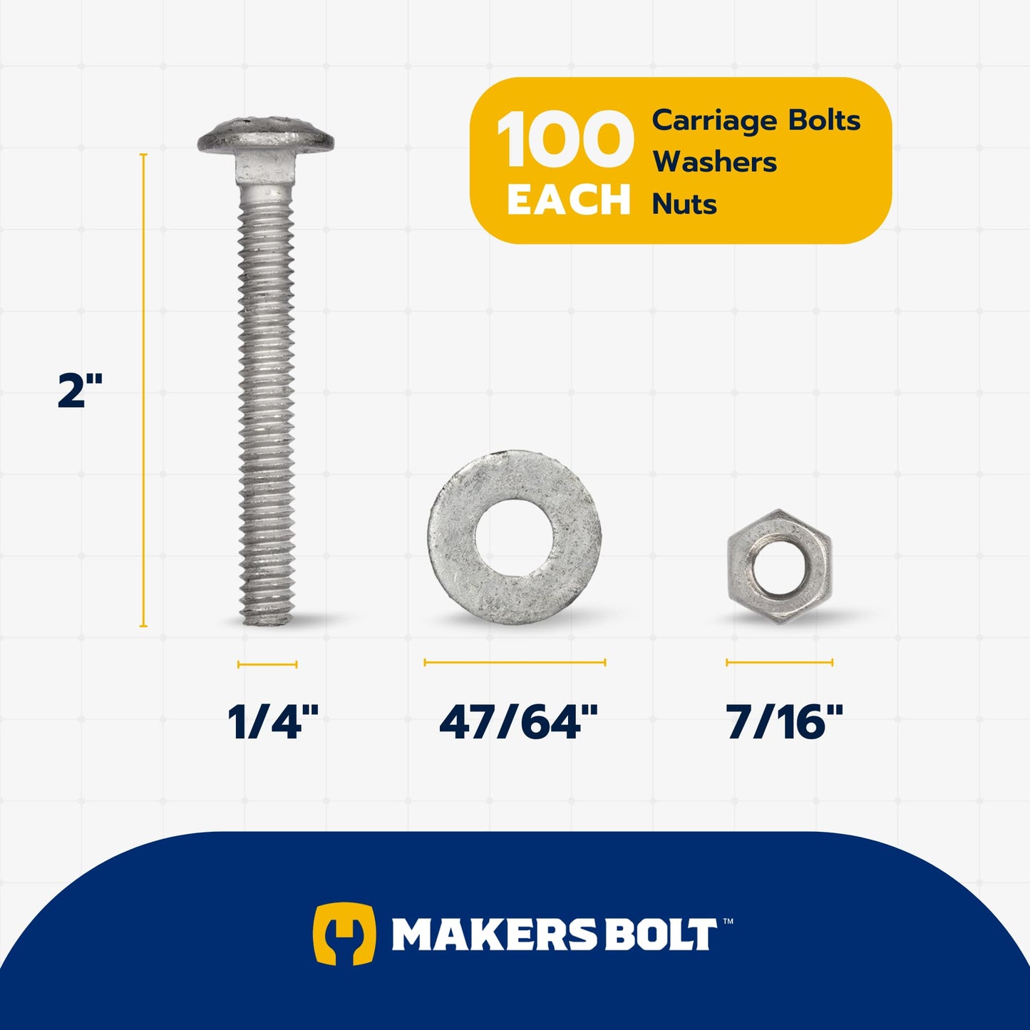 1/4" x 2" (100 Pack) Galvanized Carriage Bolt Kit Grade 307A Includes 1/4" USS Flat Washers (100 pcs) and 1/4"-20 Hex Nuts (100 pcs), Hot Dip Galvanized for Exterior Use by Makers Bolt
