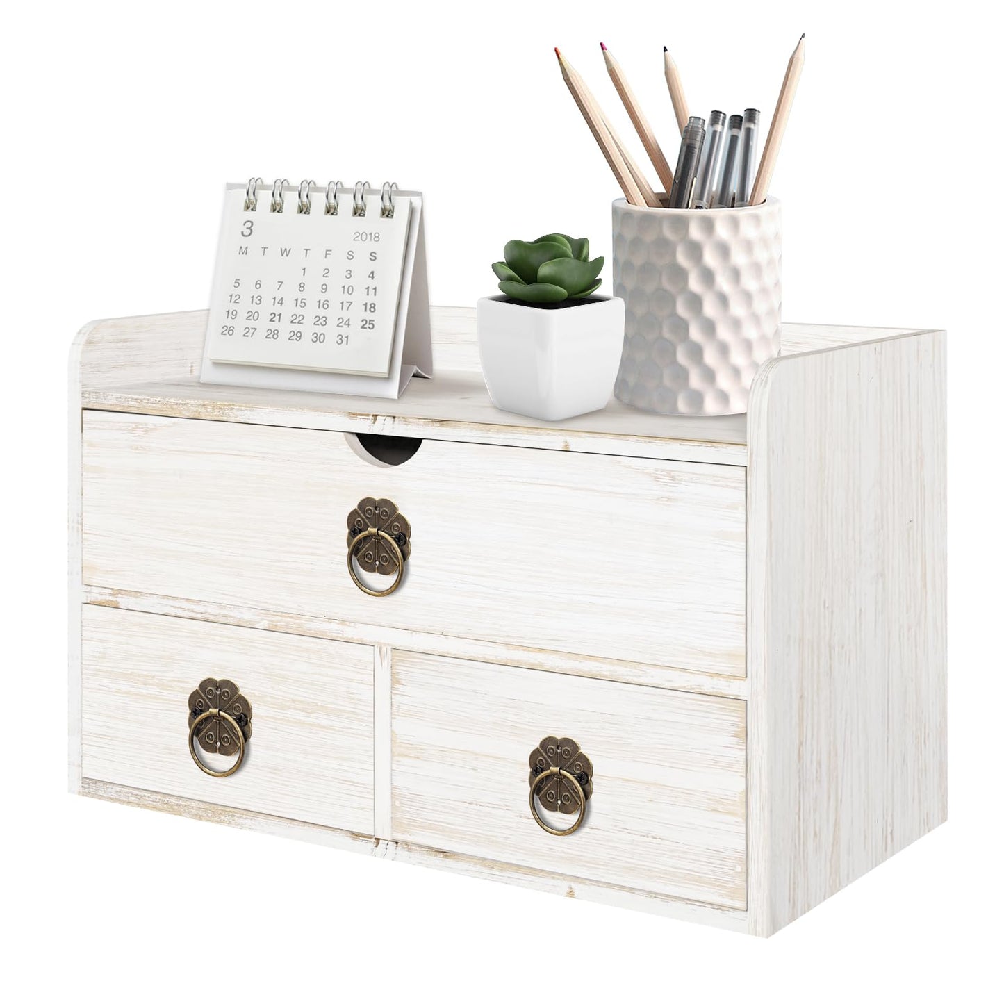 SeekElegant Wood Desk Organizer with Drawer, White Wooden Desktop Organizer, Tabletop Storage Organization Box for Countertop, Home Office Supplies, 13.5x6.6x8.2 Inch(3 Drawer and Shelf)