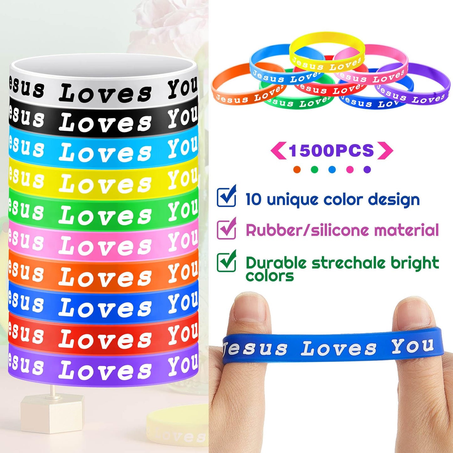 Skylety Jesus Loves You Silicone Bracelets Colorful Christian Jesus Wristbands Christian Rubber Bracelet for Kids Teens Adult Men Women Motivational Wristbands Church School Party Favors(300 Pieces)