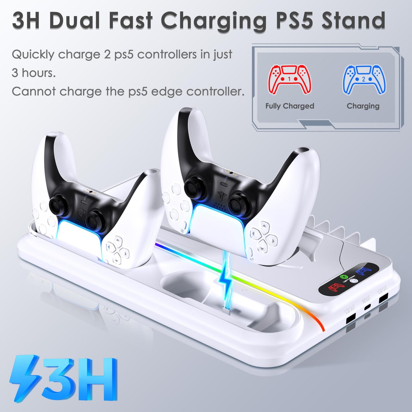 PS5 Cooling Station for PS5/PS5 Slim Disc Digital Console, PS5 Cooling Stand PS5 Slim Cooling Station, PS5 Stand PS5 Accessories with PS5 Controller Charger, 3 Level Fan, 12 Game Slots, RGB Lights