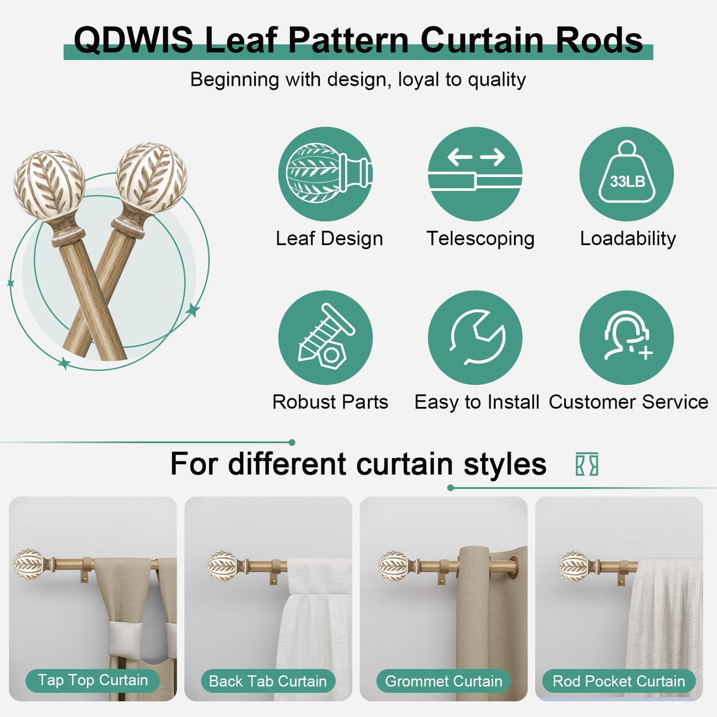QDWIS 2 Pack Boho Wood Curtain Rods for Windows 28 to 48 inch,1" Adjustable Heavy Duty Window Curtain Rod with Imitation Wood Grain Finials,Rustic Decorative Drapery Rods Set 18-60'',Weathered Wood