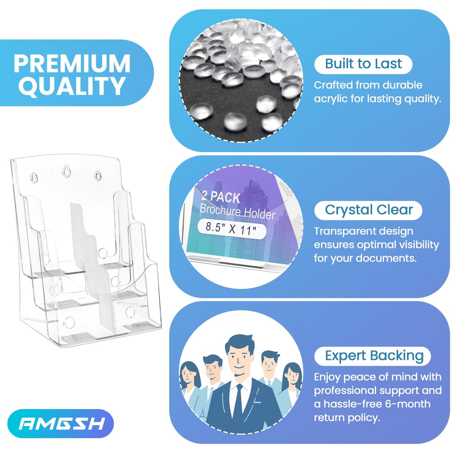 AMGSH 2 Pack 3 Tier Brochure Holder 8.5” x 11” - Acrylic Literature Holder with Removable Divider for 4” x 9” Brochure, Clear Flyer Holder Pamphlet Display Stand