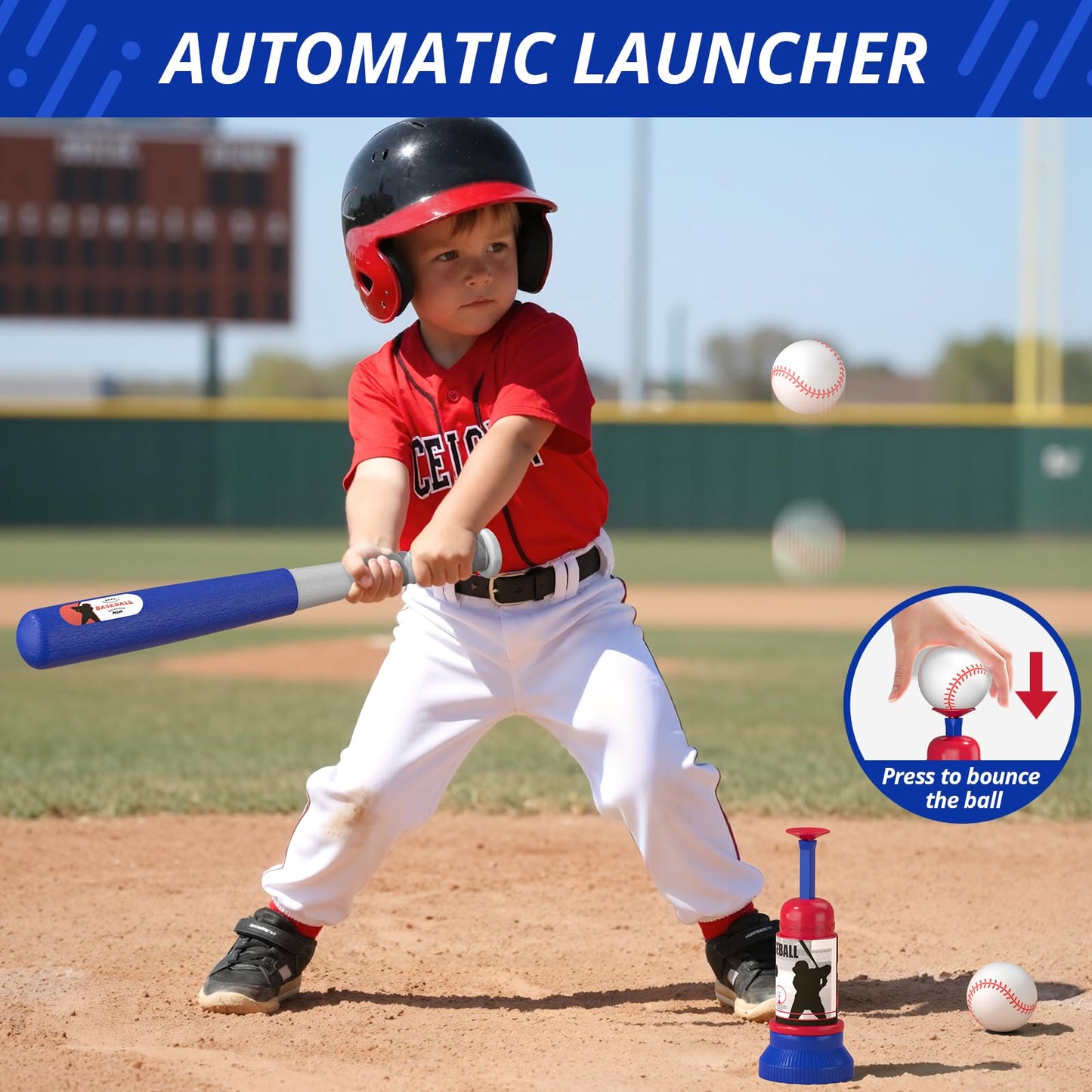 HYES 3 in 1 T Ball Set for Kids 3-5, Kids Baseball with Hanging Tee/Standing Tee/Automatic Launcher/6 Softballs, Adjustable Height Toddler Baseball Sets Indoor Outdoor Sport Gifts Toys for Boys, Blue
