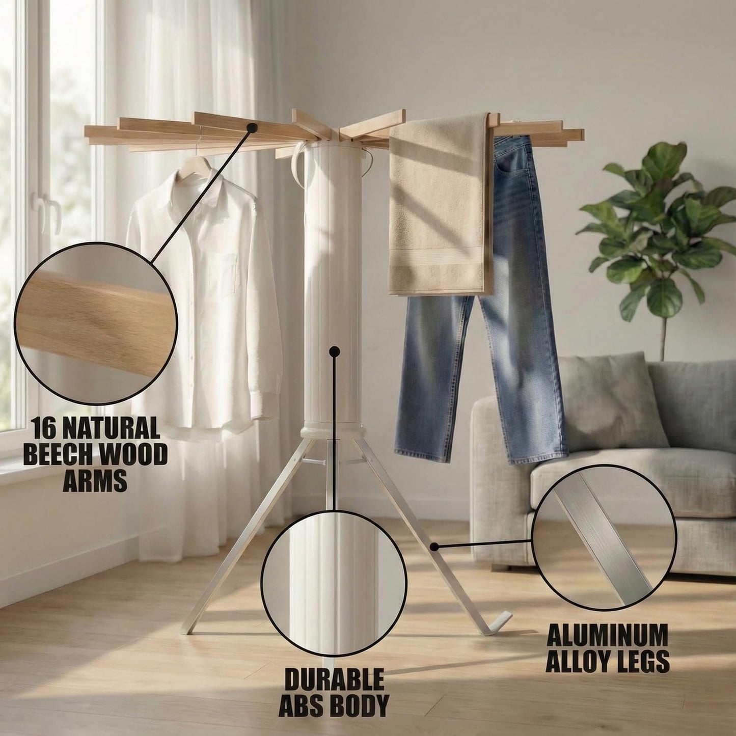Draiovo Clothes Drying Rack Foldable, Portable Laundry Drying Rack for Clothes with 16 Wooden Rods & 48 Windproof Slots, Collapsible Tripod Dry Rack for Apartment, RV, Balcony
