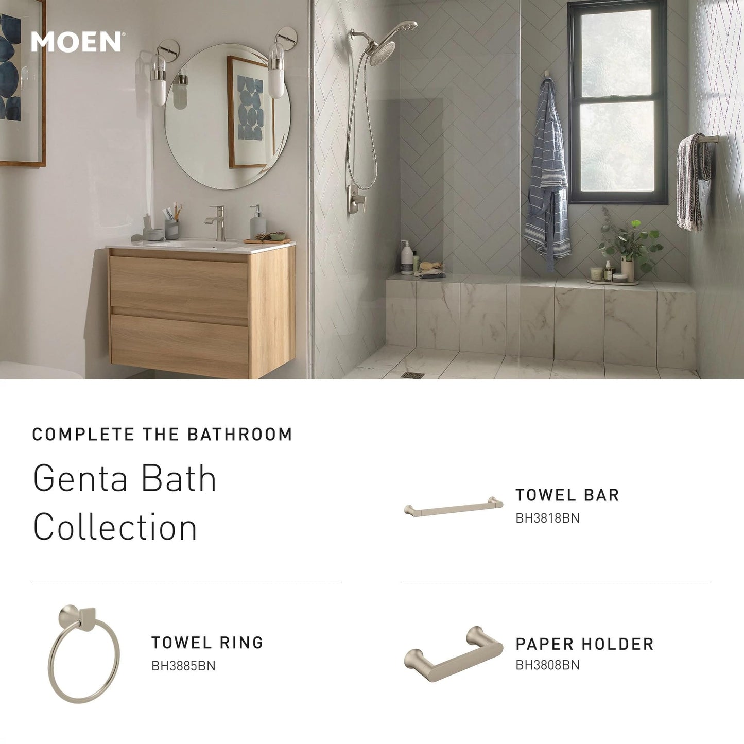 Moen Genta LX Modern Wall Mount Bathroom Hand Towel Ring, Brushed Nickel, BH3885BN