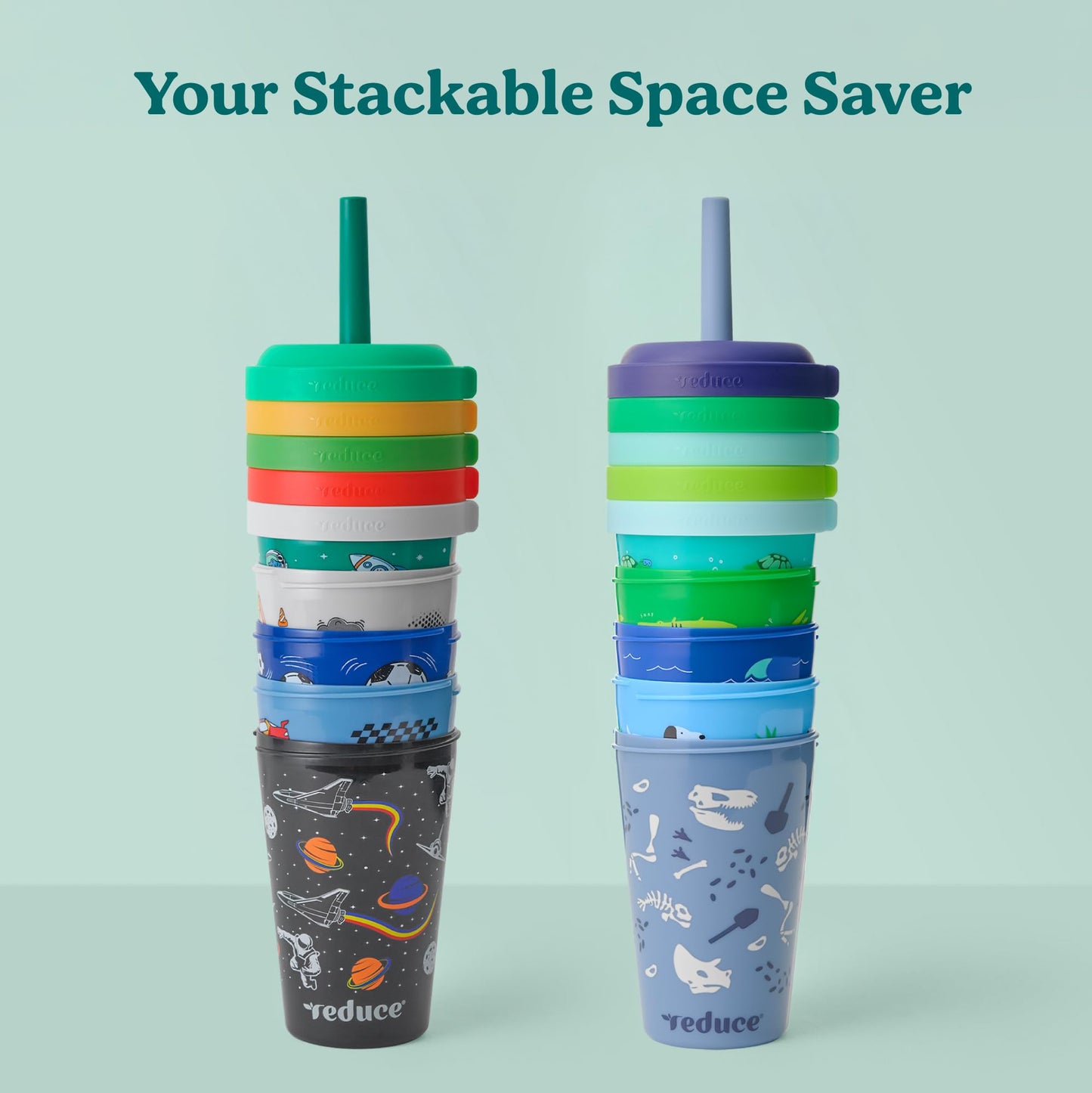 REDUCE GoGo's Kids Portable Tumbler Cups with Lids and Spill-Proof Straws - 10 Pack of Stackable 12 oz Tumblers with Twist-On Lids - Easy Storage, Dishwasher Safe - Club House