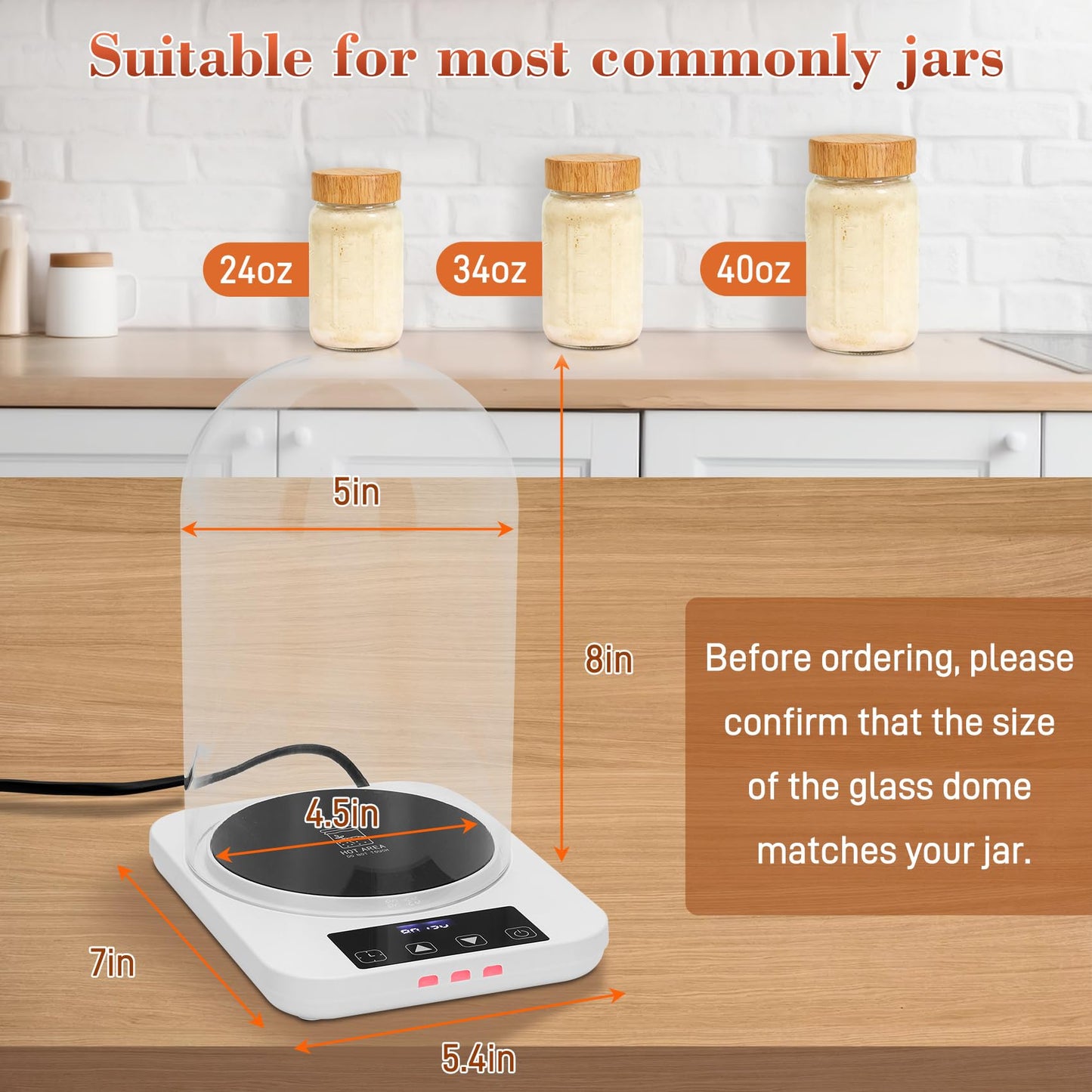 Sourdough Starter Warmer with Glass Dome, Precise 1°F Thermostat Control (70-100°F), Sourdough Warmer and Dome for Home Baking,24h Timer Auto Warming On/Off Sourdough Warming Mat（White）
