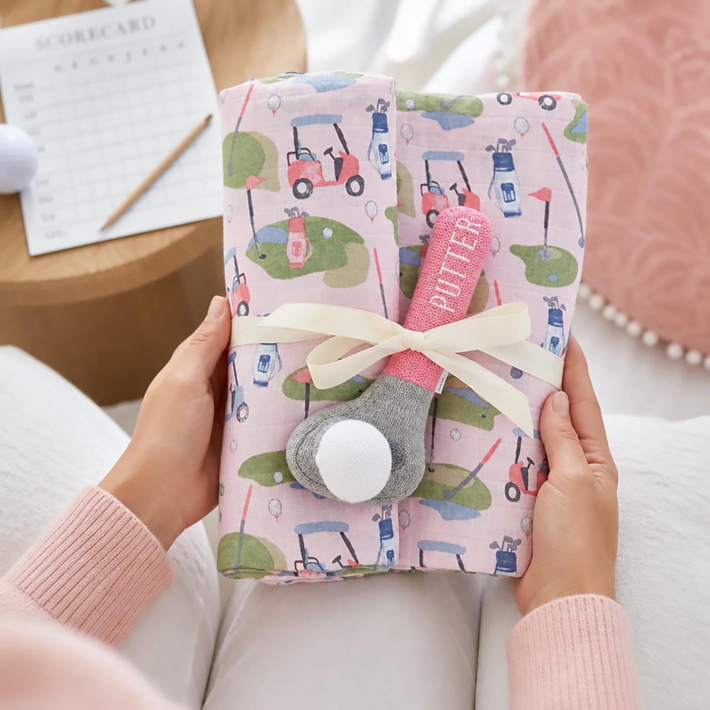 Mud Pie Pink Golf Swaddle and Rattle